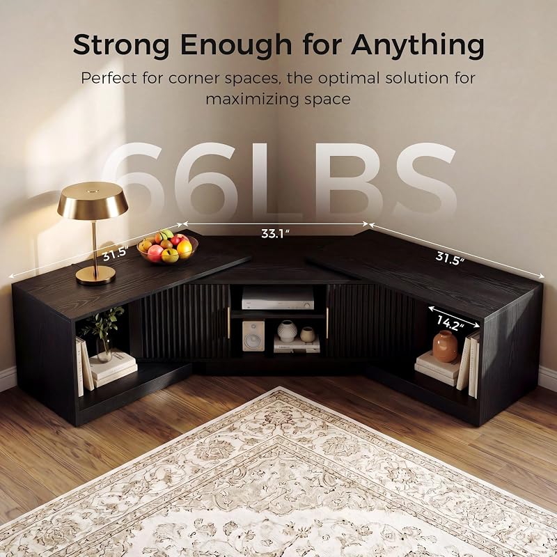 IRONCK TV Stand for 55-80 Inches TVs, 63"-84.6" Adjustable Length, Extendable Corner Entertainment Center with Storage Cabinets, Fluted Doors Modern Media Console, Ideal for Living Room, Black image 6