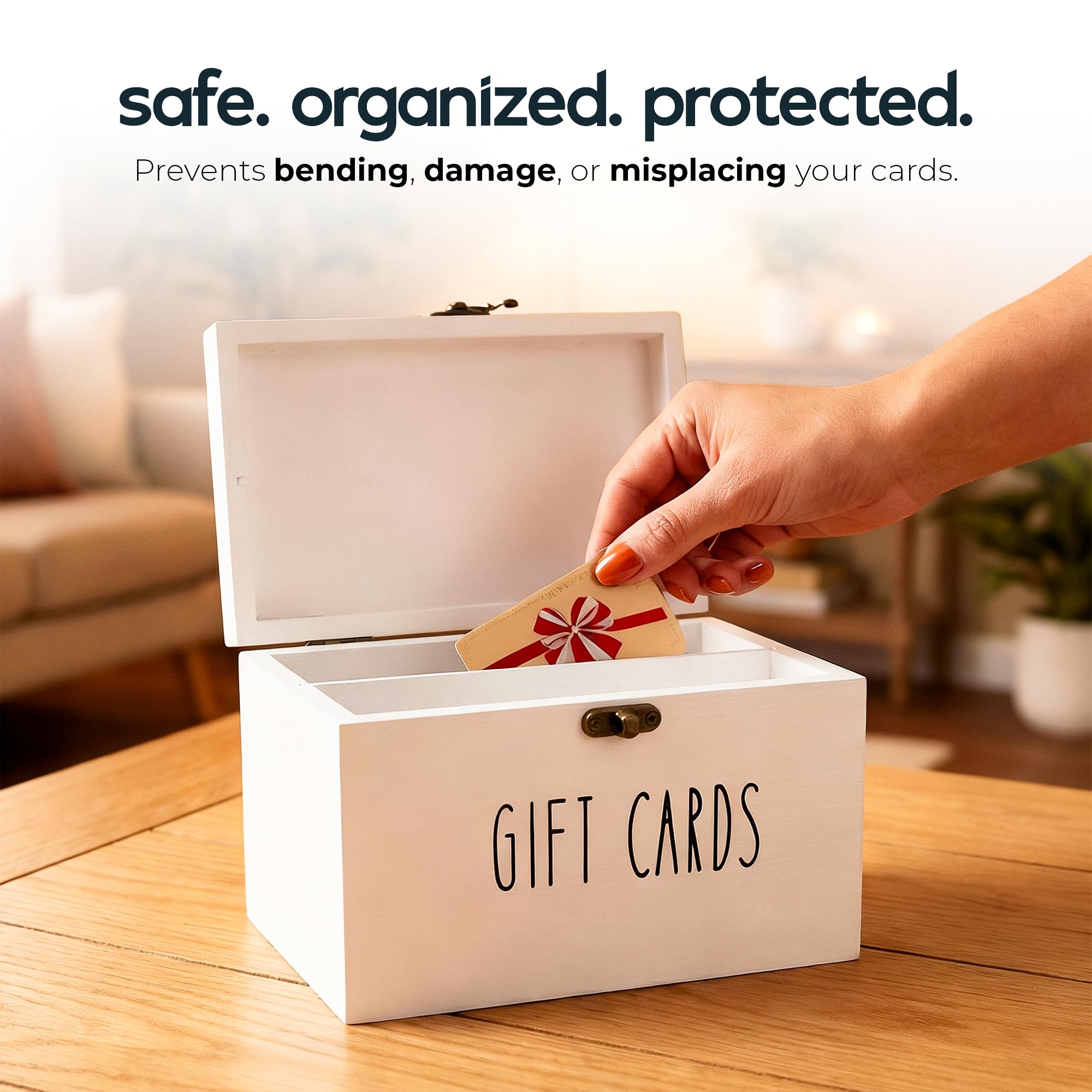 White Wooden Gift Card Holder Storage Box with Secure Metal Latch – Keeps Gift Cards Organized & Protected – Elegant Farmhouse Gift Card Organizer