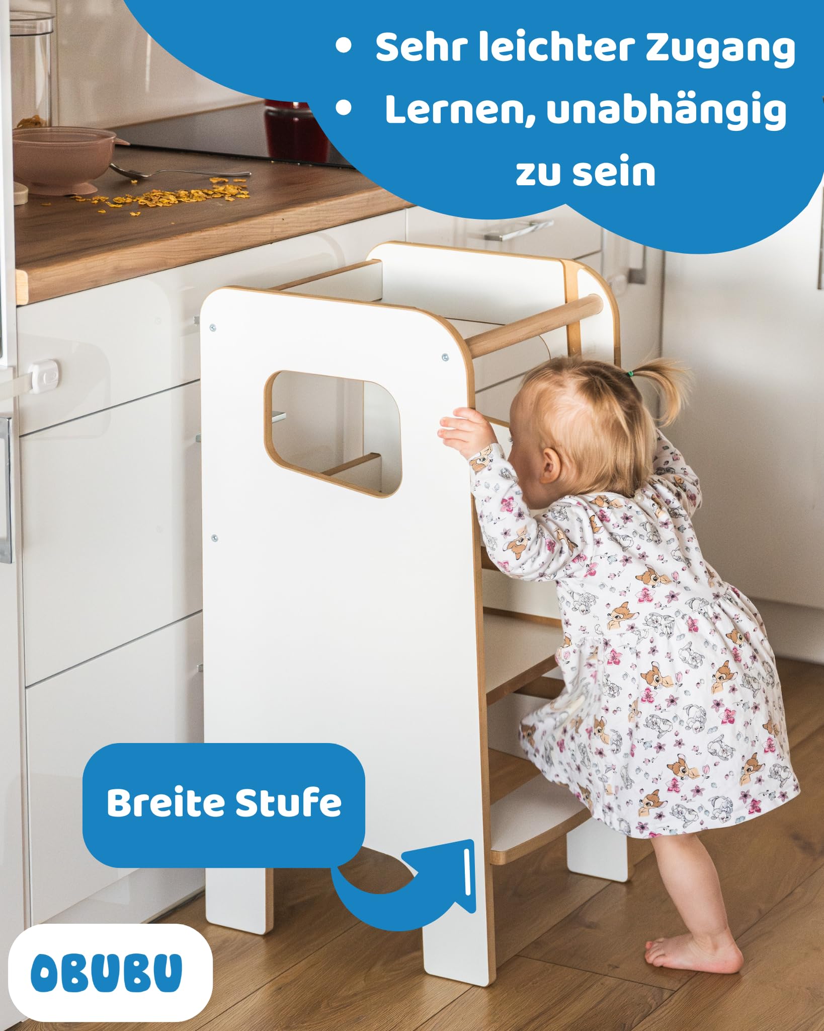 Montessori Lernturm für Kinder mit Riegel – weißer Küchenhelfer Tritthocker für Kleinkinder, sicher & geschlossen, mit Sicherheitsriegel, höhenverstellbar, Elternliebling, modern & stabil