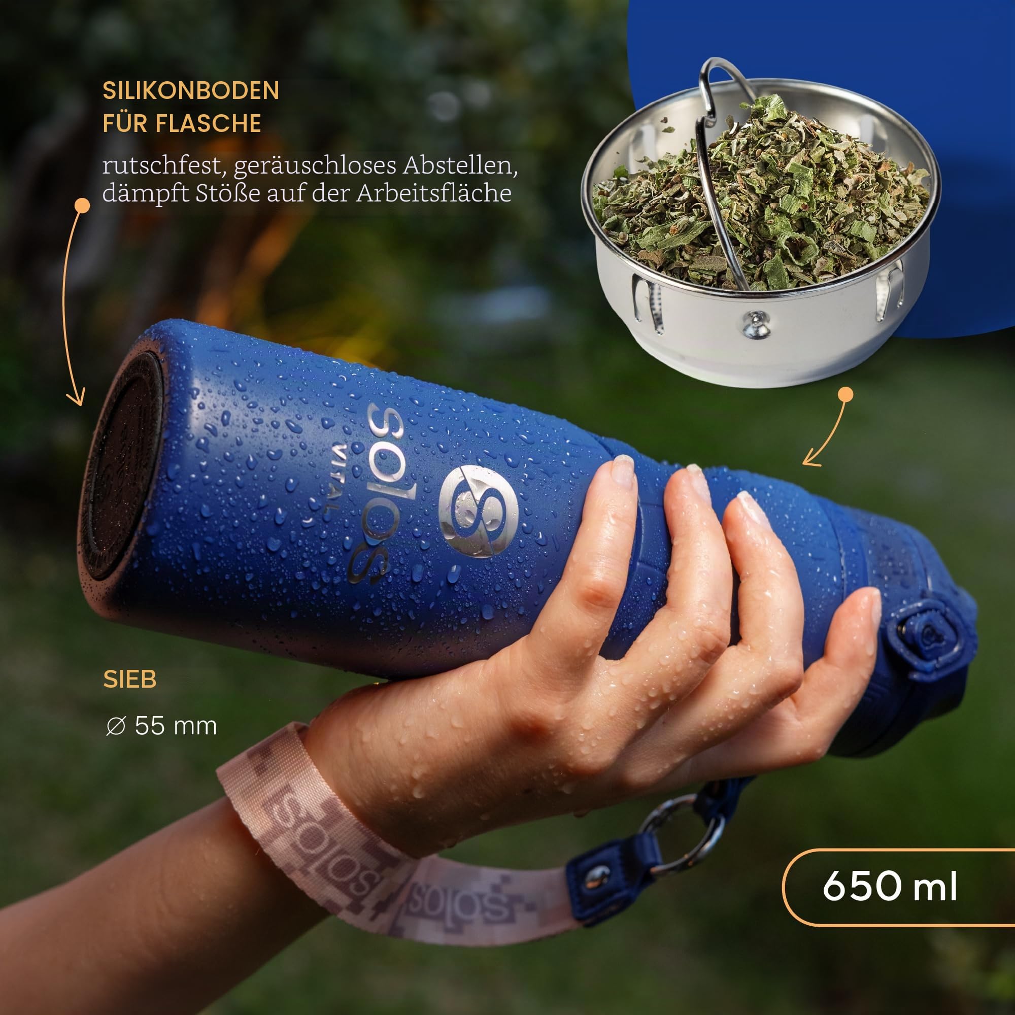 SOLOS Thermosflasche 650 ml mit herausnehmbarem Teesieb und Trinköffnung, Edelstahl-Isolierflasche für Kaffee, Tee und kalte Getränke, 3 Tragegurte