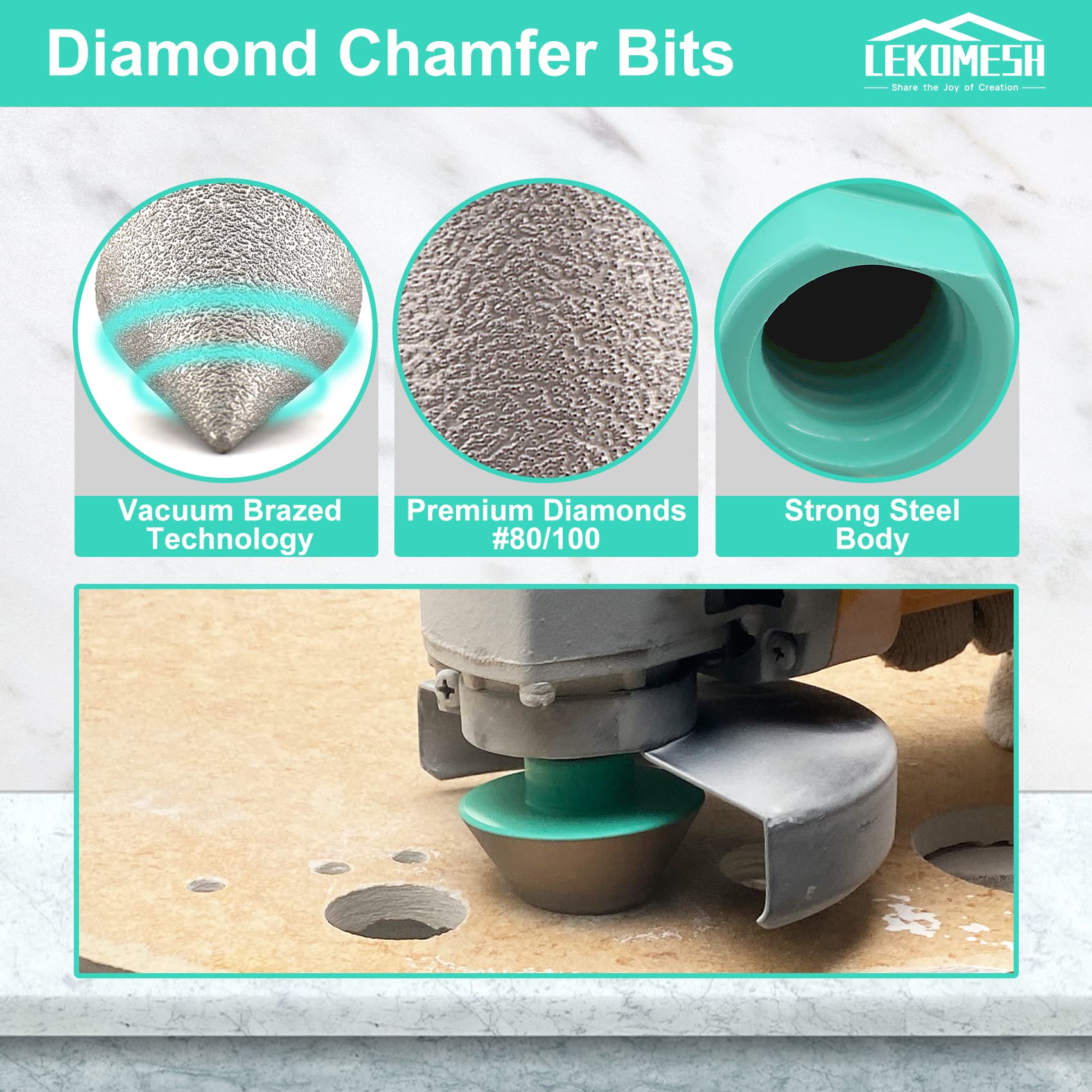 Broca Fresado Chaflán de Diamante - 50mm x M14 LEKOMESH Fresa Diamante para Aachaflanado, Biselado, Ampliación, Formar Hoyos en Cerámica,Porcelana,Azulejos,Mármol,Granito