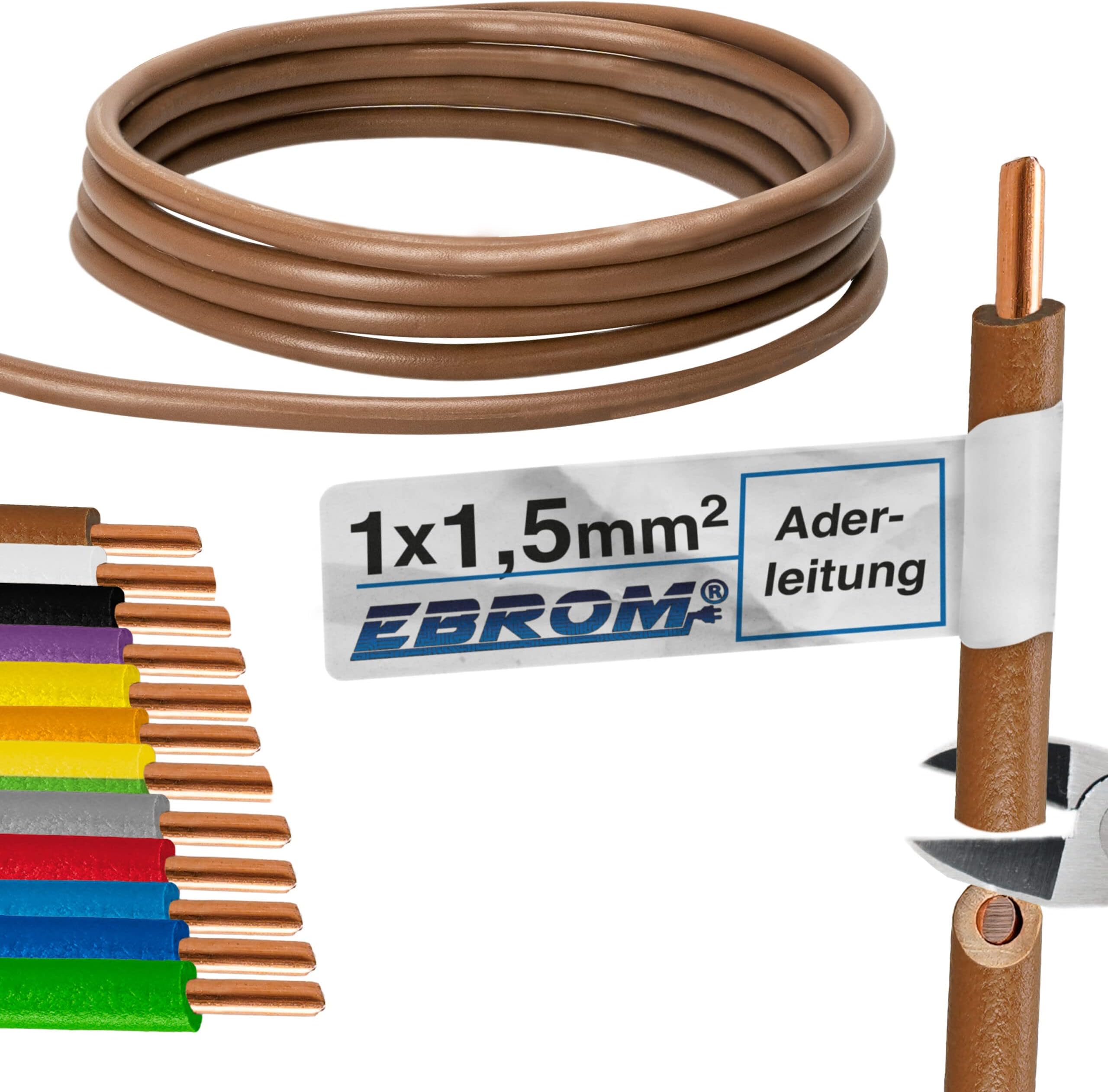 H07V-U 1.5 mm² PVC sheathed cable 10 m, 15 m, 20 m, 25 m, 30 m, 35 m, 40 m, 45 m, 50 m, 55 m, 55 m, 55 m, 55 m 2.1m Up to 100 m