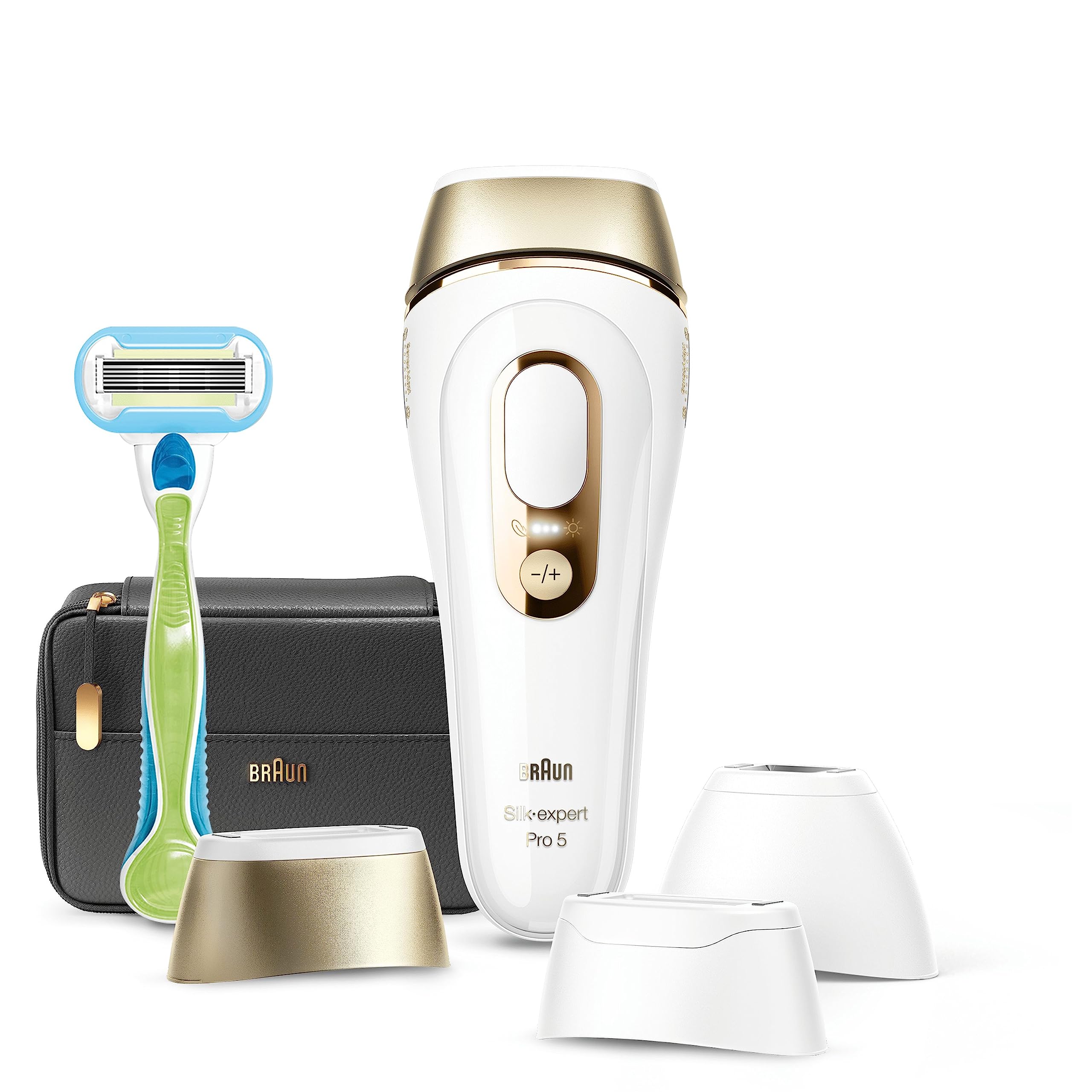 Braun Silk·expert Pro 5,épilateur à lumière pulsée,épilation semi-définitive à la maison,avec pochette,tête large,tête de précision et rasoir Venus,alternative à l’épilation au laser,Blanc/Doré,PL5243