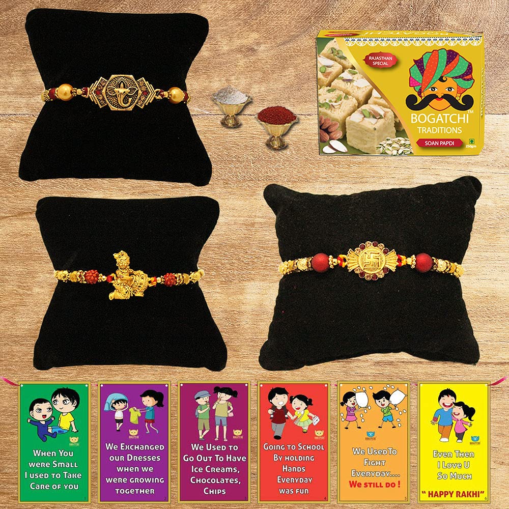 BOGATCHI Rakhi with Sweets Combo | Rakhi Gift for Brother | Rakhi for brother with gift sweets | Rakhi Gift Hamper|Soan Papdi, 200g + Rakhi Set of 3 +Roli Chawal + Free Rakhi Story Card-SP16-image-44