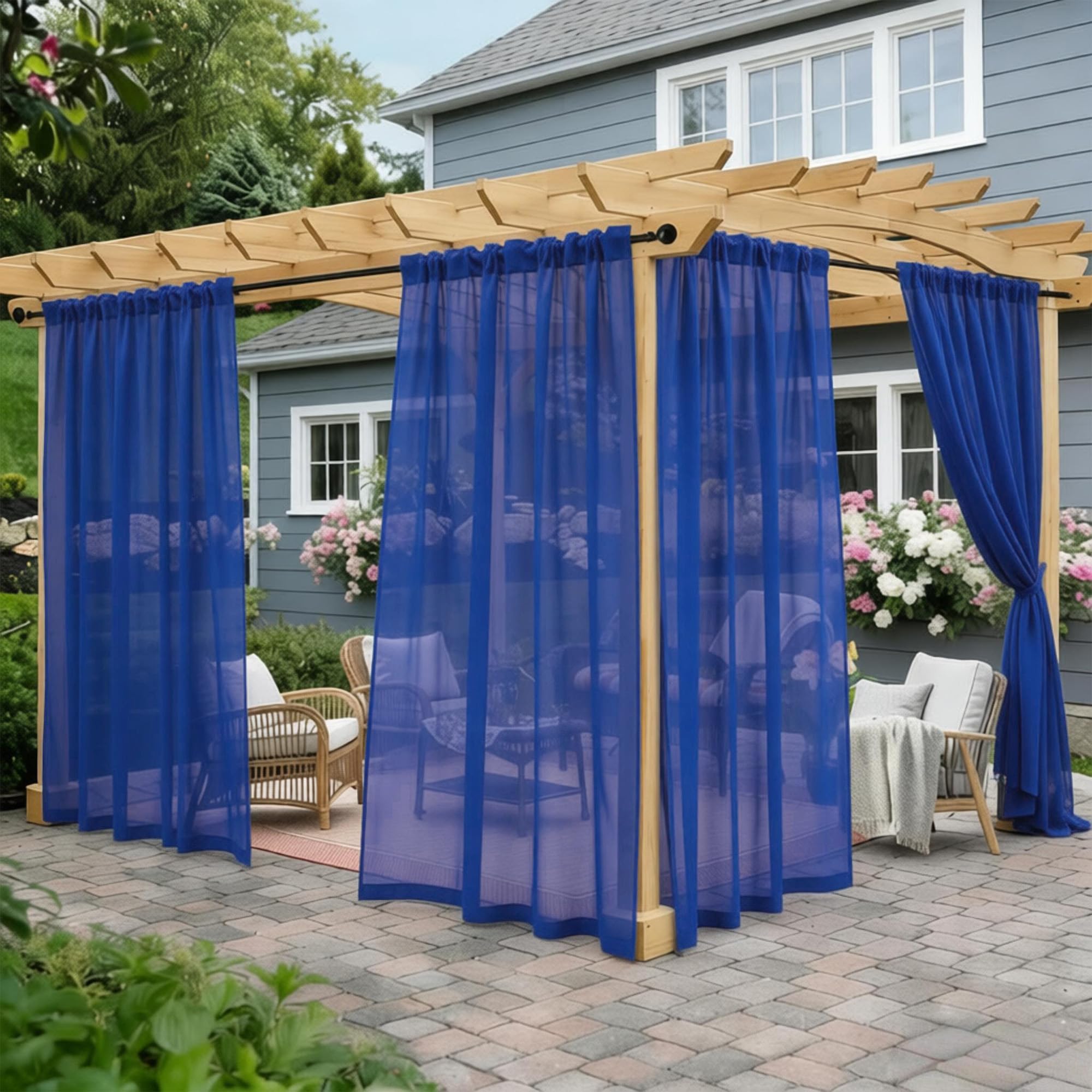 Awnmeow Outdoor Sheer Curtains for Patio Waterproof, 4 Panels Rod Pocket Indoor/Outdoor Voile Royal Blue Sheer Curtain for Pergola, Porch, Cabana and Gazebo, Royal Blue 52 x 84 Inch