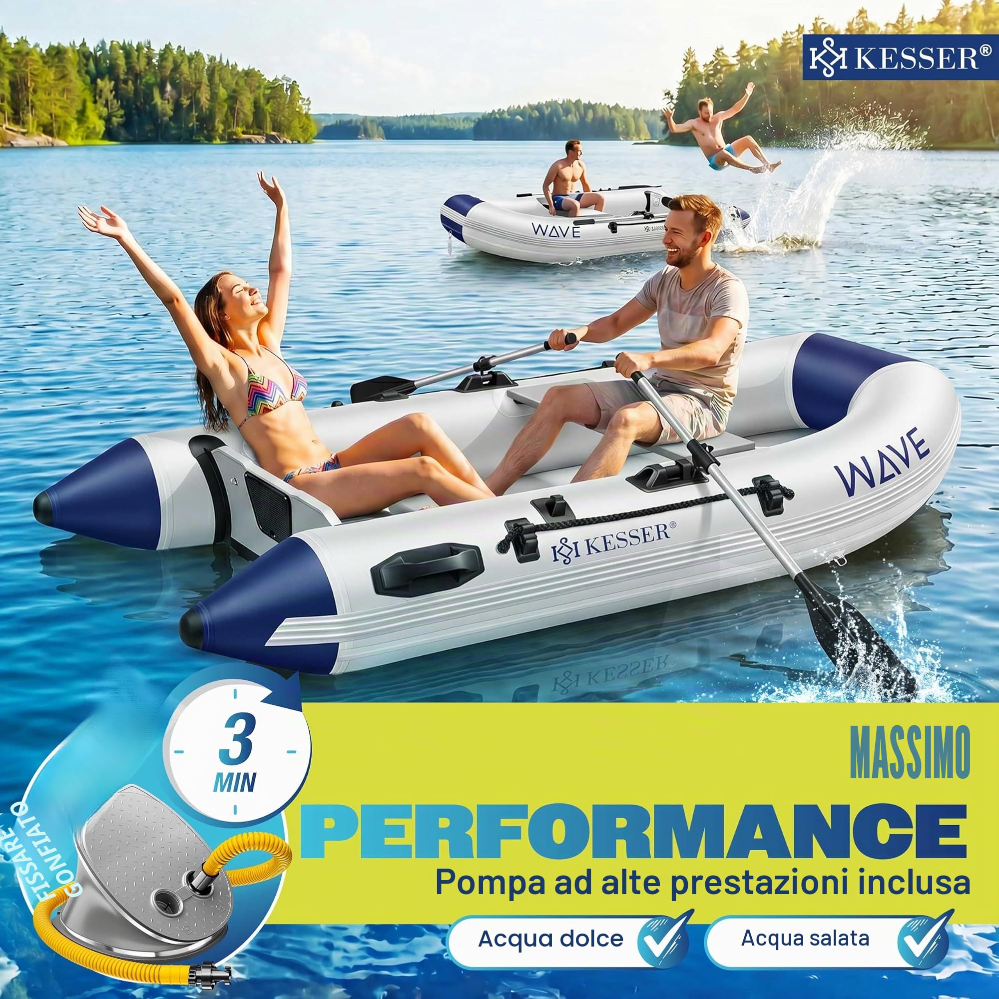 KESSER® Gommone Wave 230-320 cm, set da 6 pezzi gonfiabili – barca + panca, pompa ad aria, pagaia, kit di riparazione, borsa, barca da pesca, barca a pagaia piccola e grande, combinazione motore