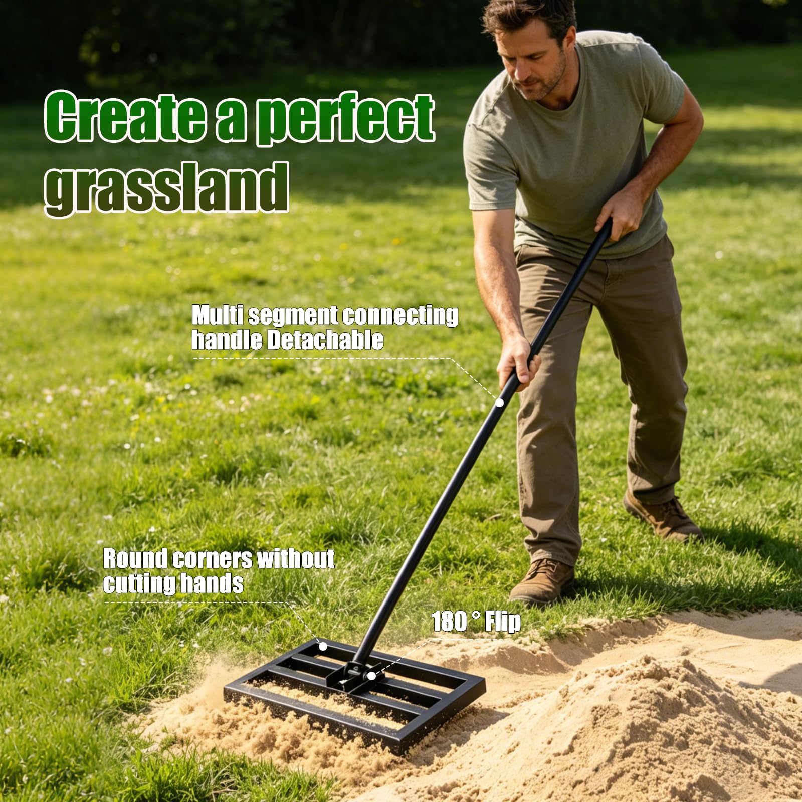 Rastrello professionale per livellare il prato, 43 cm x 25 cm, piastra in acciaio resistente, manico ergonomico da 180 cm per livellare il terreno senza sforzo in giardini, campi da golf e orti