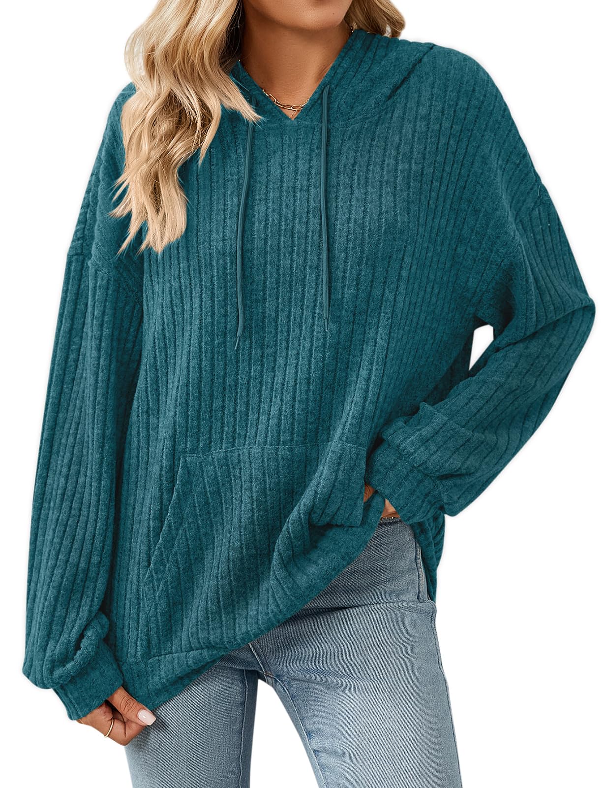 GemulateJumpers for Women Long Sleeve Tops Sweaters with Pocket Ladies Lightweight Drawstring Hoodie Sweatshirts S-2XL