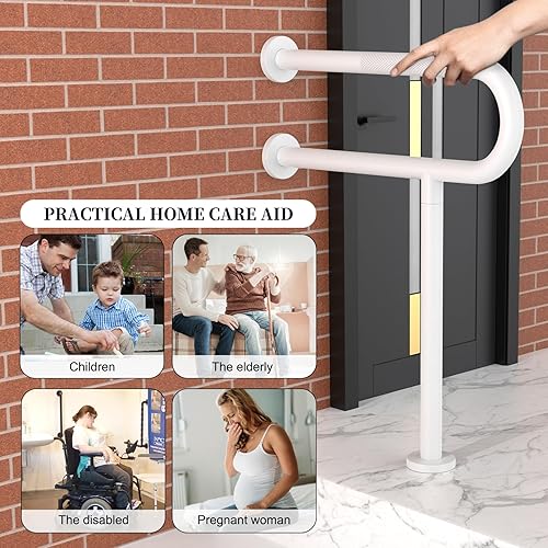 Miniatura 5 de Riel de soporte de inodoro blanco de 23.4 x 28 pulgadas, barra de agarre antideslizante de piso a pared para baño, pasamanos de seguridad moleteados