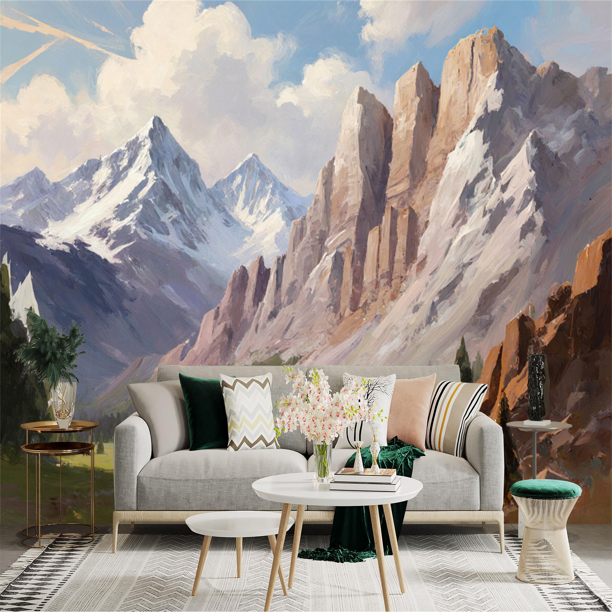 Custom Size Wall Sticker Mural， Snowy Mountain Peaks with Pine Forest and Valley Landscape， for wall Decoration， peelandstick wall Decals.