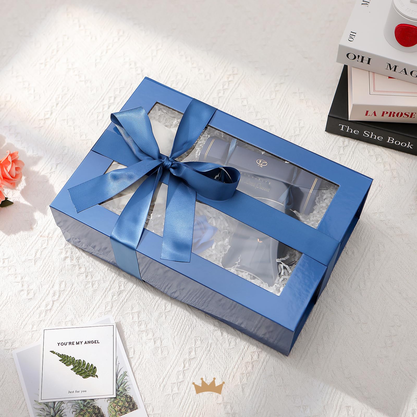 PACKQUEEN 5 große blaue Oster-Geschenkboxen mit Fenster, 34,9 x 22,9 x 10,4 cm, transparente Geschenkboxen für Geschenke enthalten Bänder, Karten, Trauzeugen-Antragsboxen, Boxen mit magnetischen