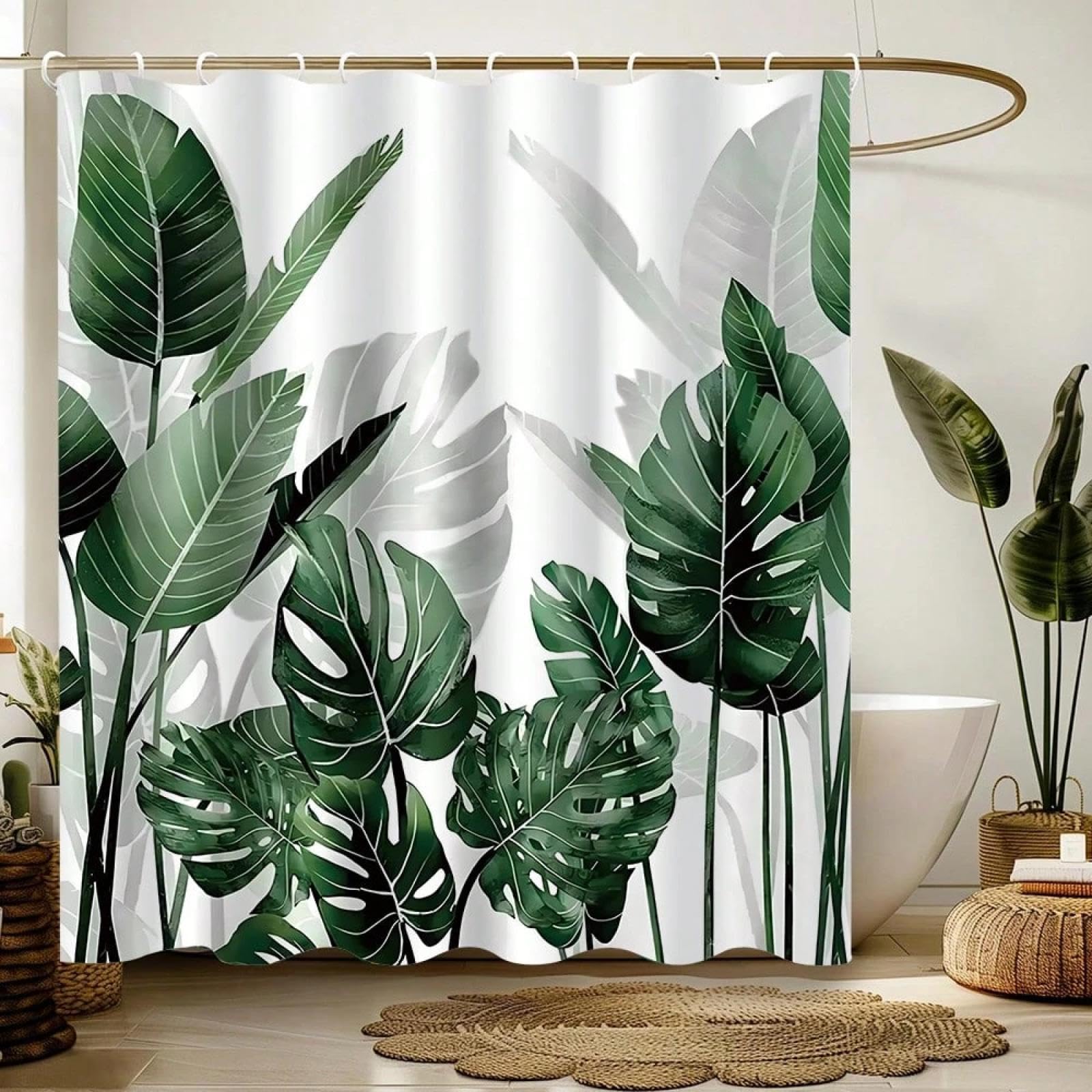 ZXBNNN Żywy zielony liść zasłona prysznicowa tkana tkanina poliestrowa, wzór liścia rośliny, akcesorium z przelotkami, do dekoracji łazienki 175 x 240 cm