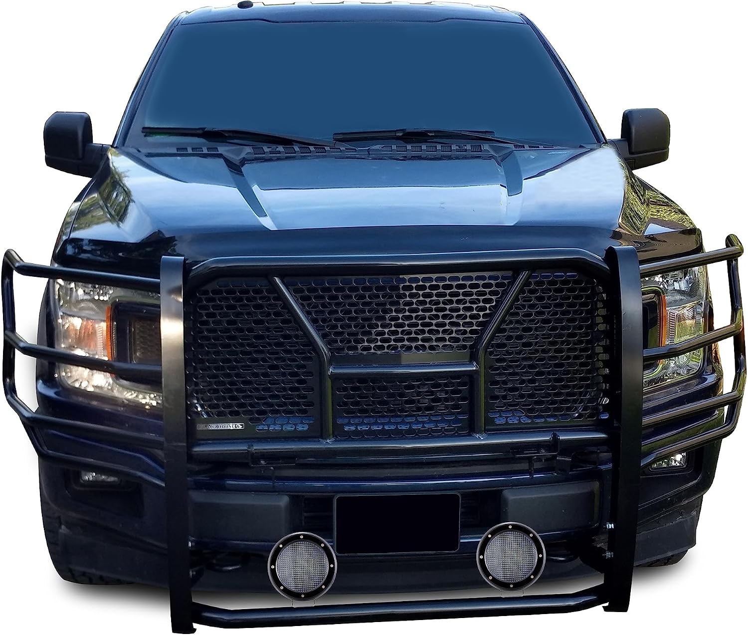 Black Horse Rugged Heavy Duty Grille Brush Bumper Guard Modular Black Come with Pair of 5.3" Dia.LED Lights with Black Trim Rings Compatible with 2015-2020 Ford F-150-RU-FOF115-B-PLFB