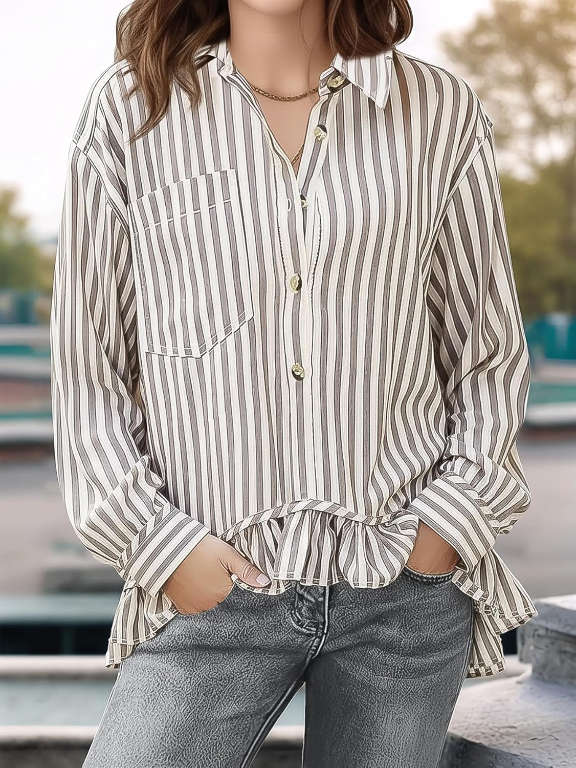 Flamingals Women's Striped Button Down Blouses Long Sleeve Collar Neck Ruffle Hem Pockets Shirts Tops Beige & White - Image 5