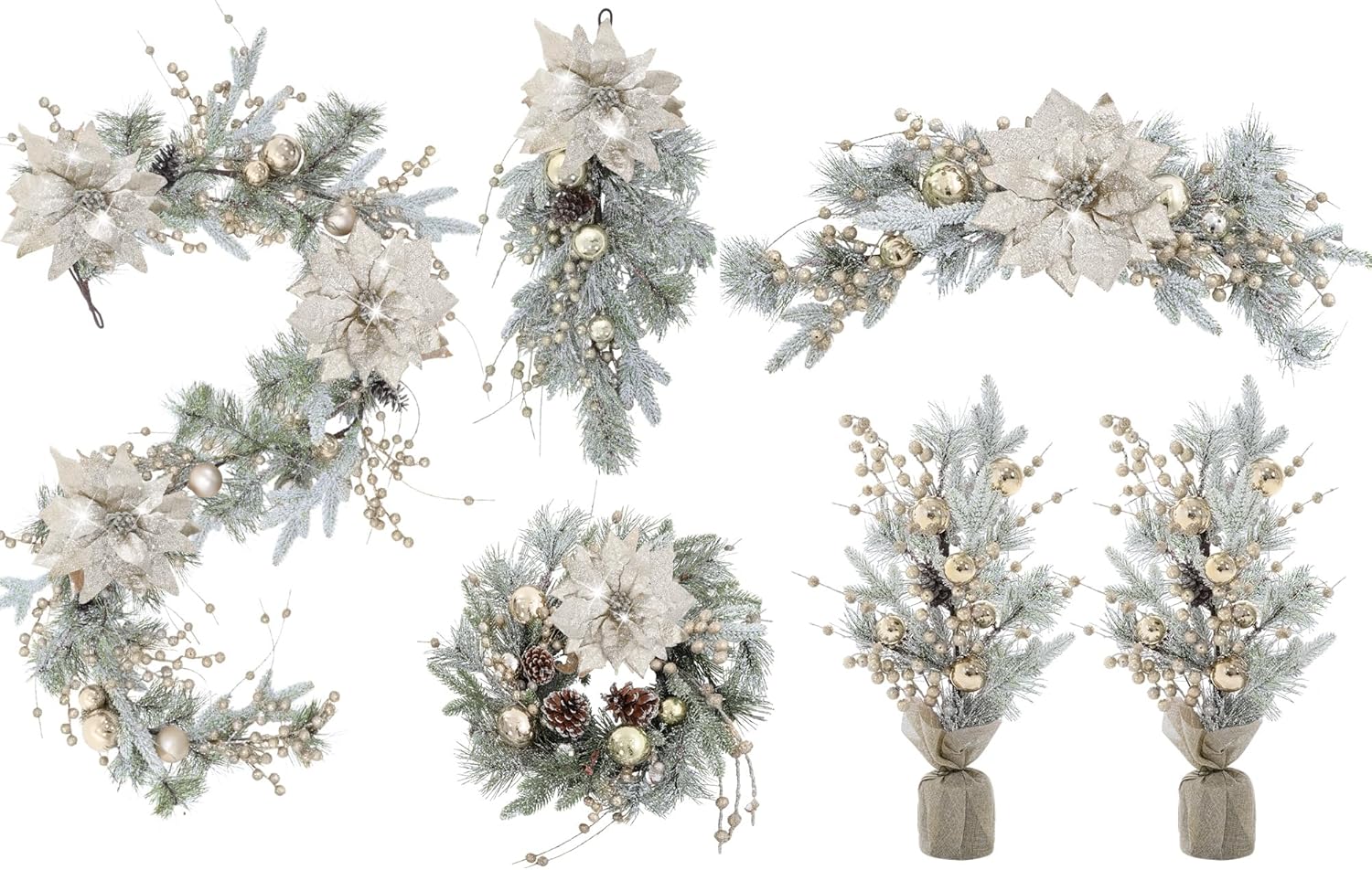set of 6 artificial christmas snowy tree decorations set with pine cone and frosted branches include 2 mini entrance trees, 3 wreath and 1 garlands and for indoor outdoor fireplace mantle champagne