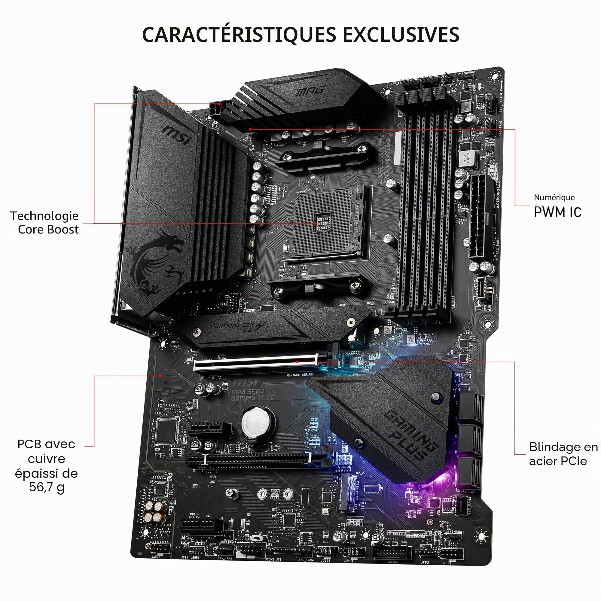 MSI MPG B550 Gaming Plus Carte mère de Jeu (AMD AM4, DDR4, PCIe 4.0, SATA 6 Go/s, M.2, USB 3.2 Gen 2, HDMI/DP, ATX)