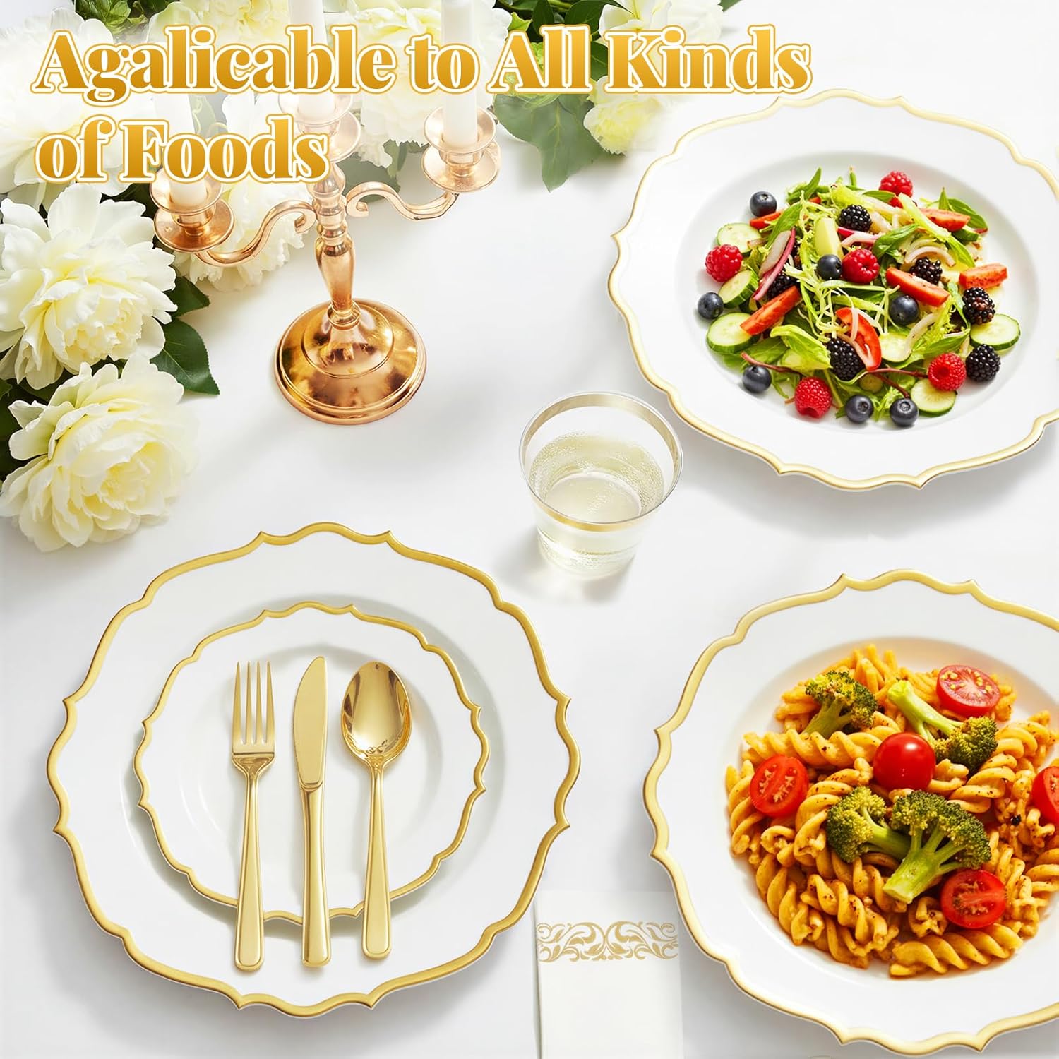 175 Plastic Dinnerware Set Gold Disposable Dinnerware Set for 25 Guests Include 50 Plastic Plates 25 Silverware Set 25 Cups and 25 Napkins for Mother's Day Party Wedding Birthday