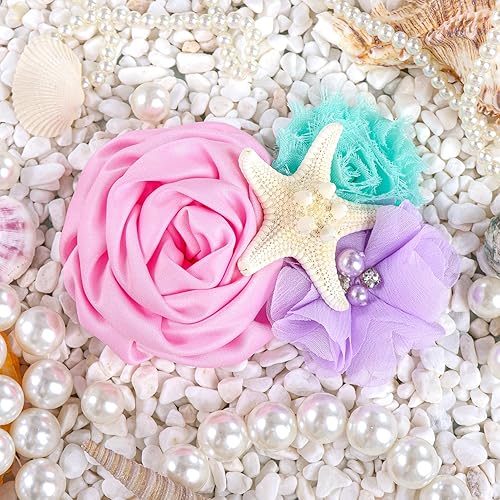 Miniatura 8 de YanJie Juego de diadema de sirena para bebé, pinza para el cabello con purpurina y lazo para el pelo de estrella de mar, accesorios de regalo de