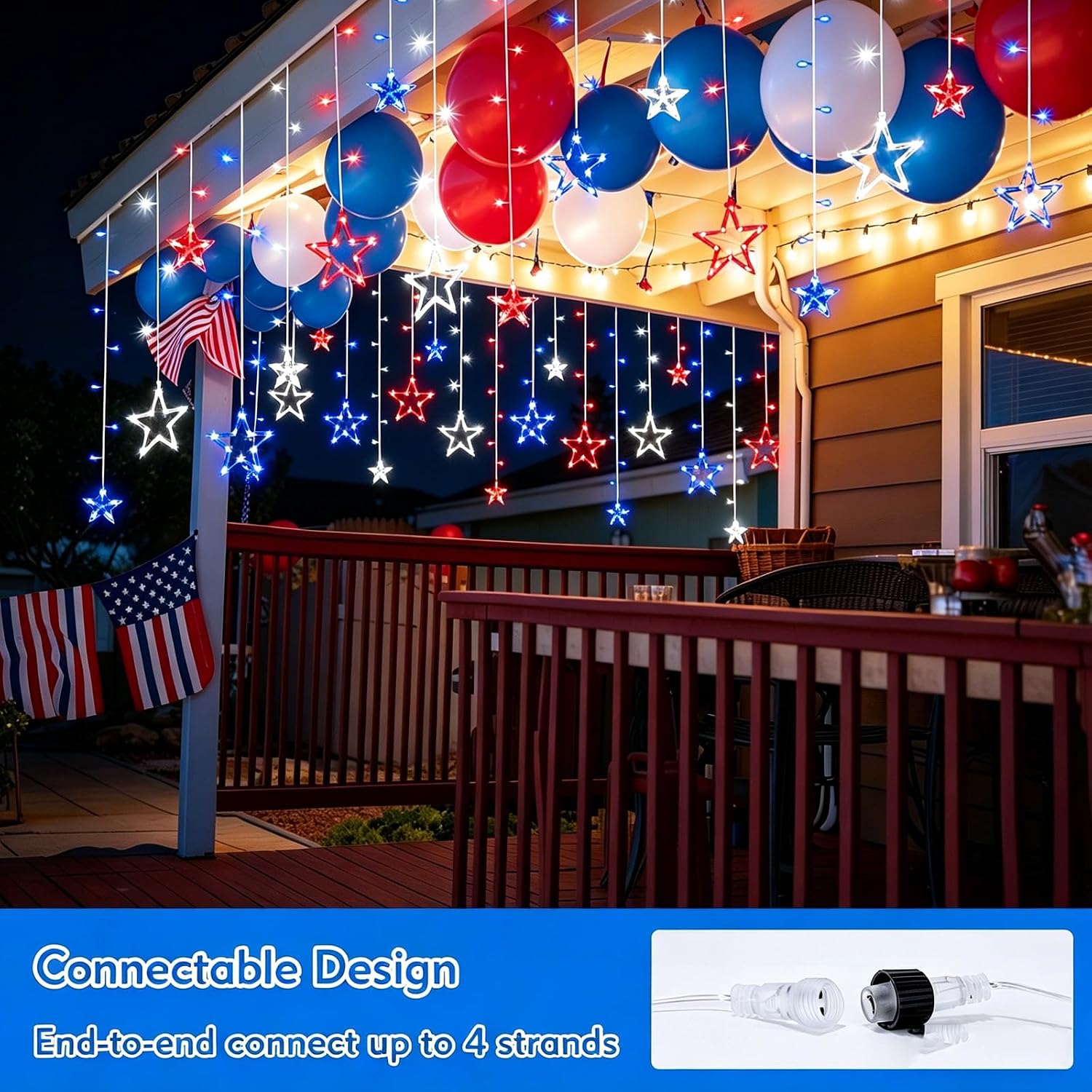 Red White Blue Curtain Lights 4th of July Patriotic Star Icicle Lights, 158LED Hanging String Light Waterproof 8 Modes Connectable for Independence Day Bedroom Wall Window Outdoor Indoor Decor