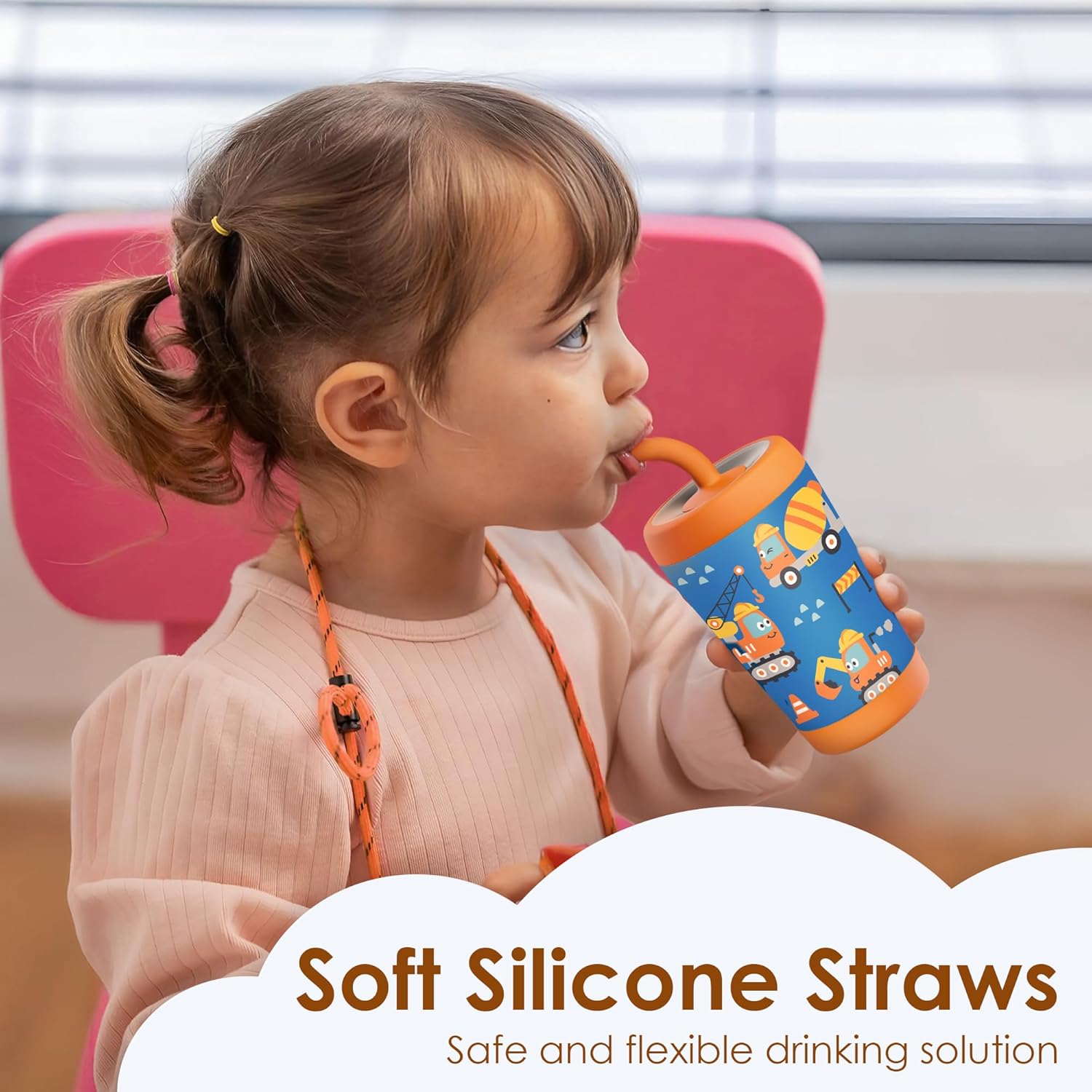 Kid Insulated Stainless Steel Tumbler with Silicone Straw, 12oz Sippy Cup for Kids (Construction Trucks) - Image 5