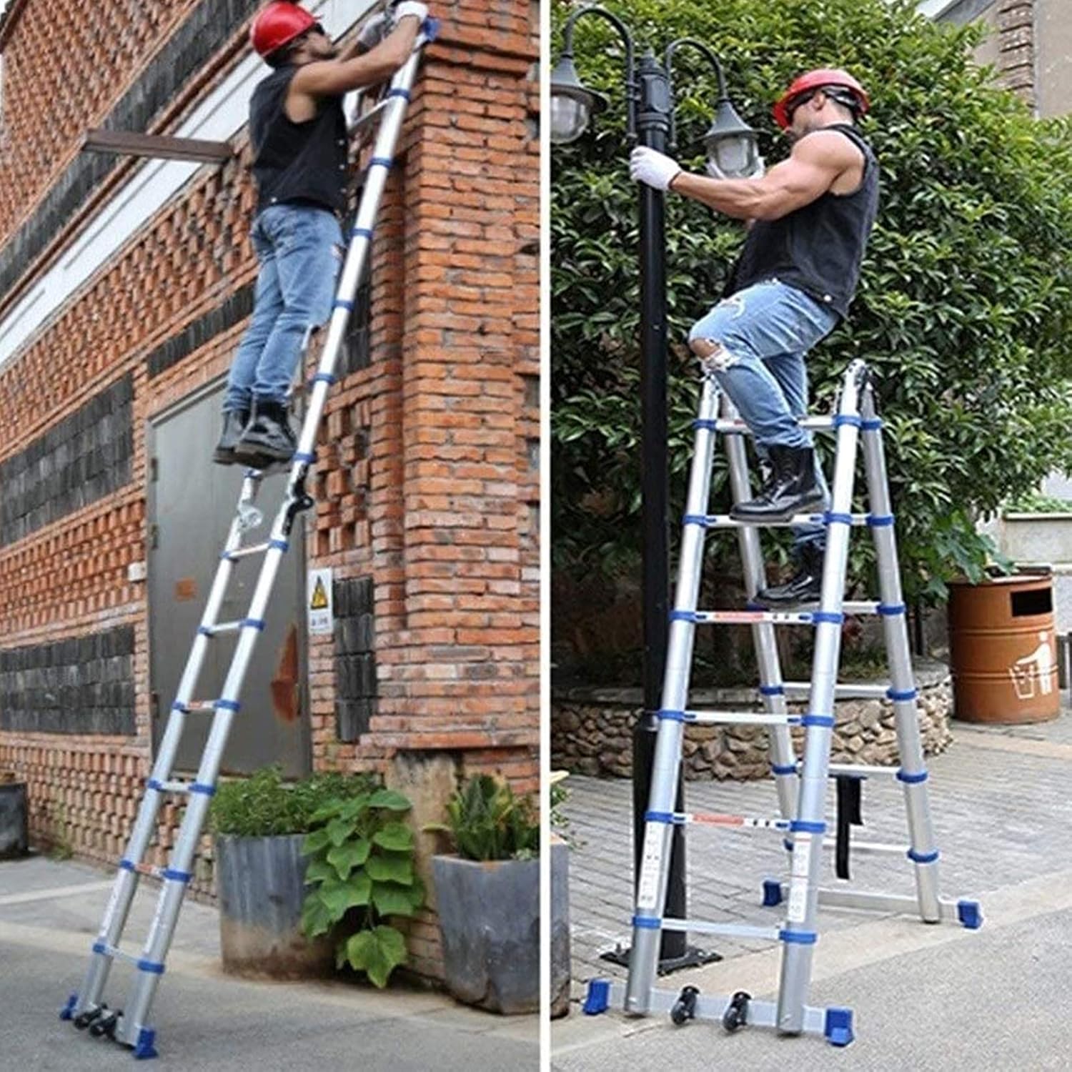 Telescopic Ladder with Stabilizer Bar and Wheels Heavy Duty Extension Ladder A Frame/Straight Folding Attic Ladder 200 kg Load Capacity.
