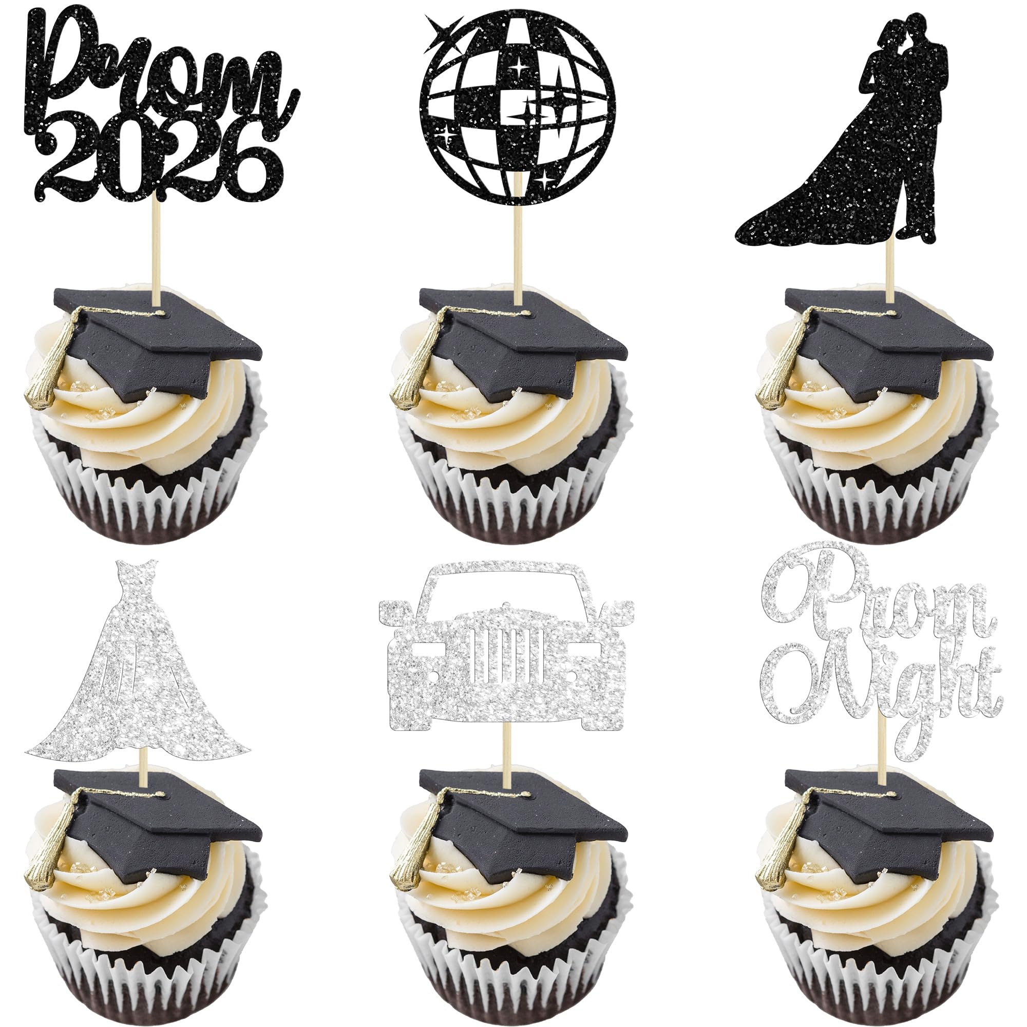 Ephlyn 24Pcs Prom Cupcake Toppers Glitter 2026 Graduation Cake Toppers 2026 Prom Cake Decorations for Class of 2026 Prom Graduation Party Decorations Supplies Black Silver