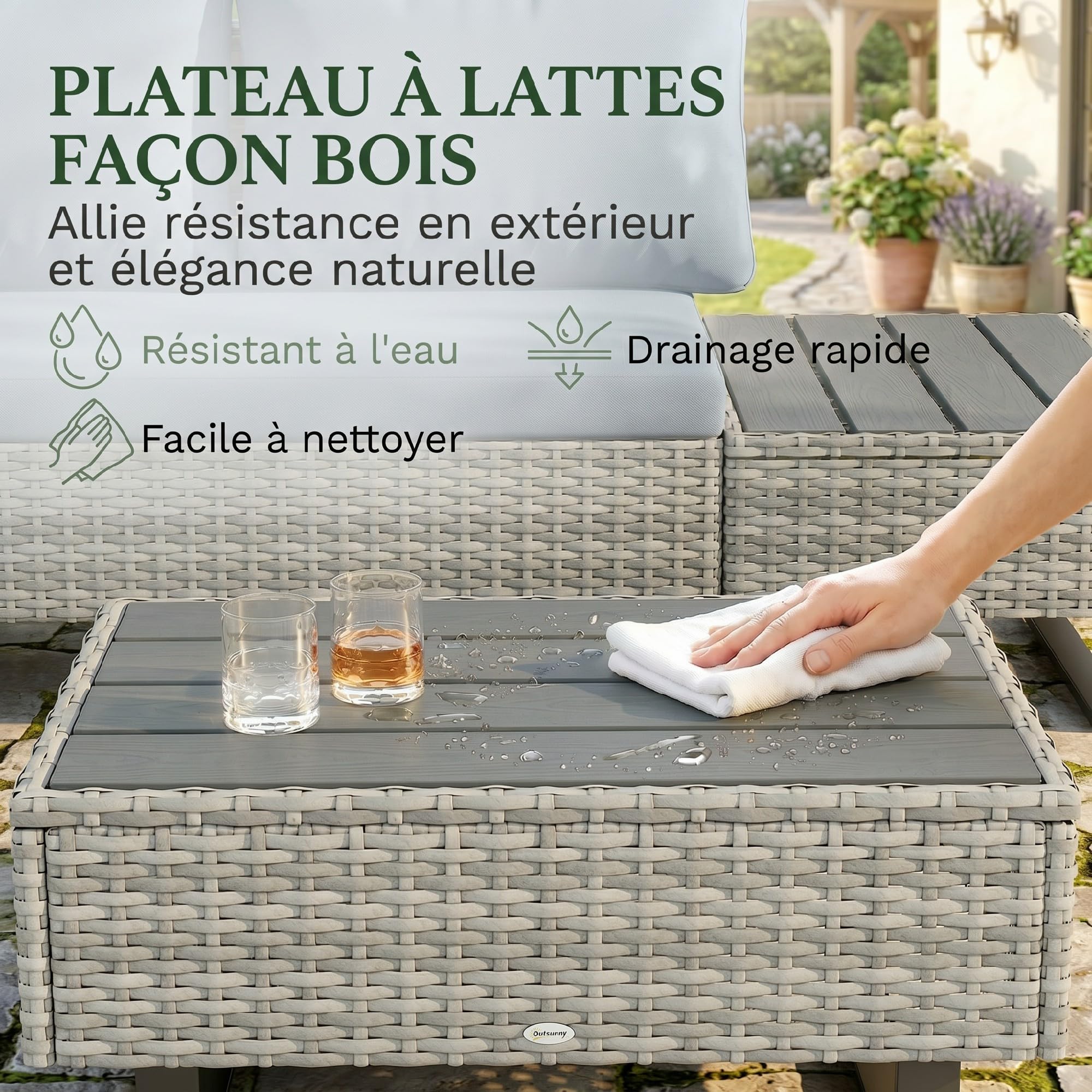 Outsunny Salon de Jardin d'angle 5 Places en Résine Tressée Canapé Extérieur Modulable avec Méridienne Ajustable Ensemble Mobilier de Terrasse avec Table Composite Gris
