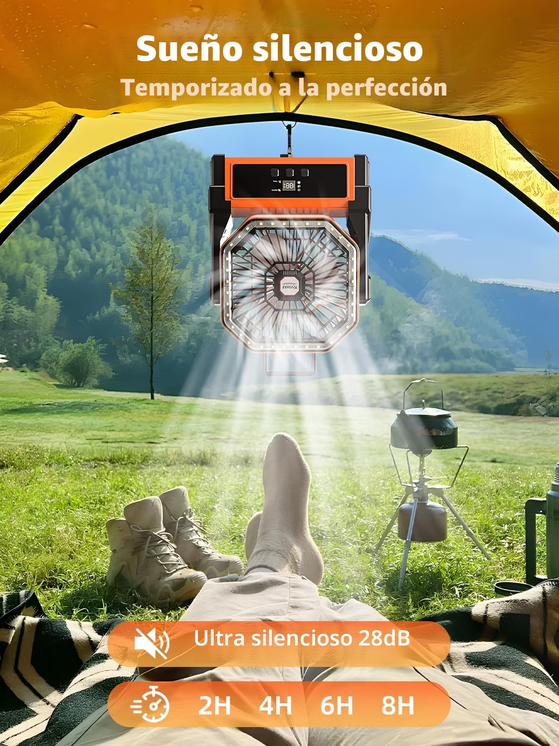 Kssvzz 30000mAh Ventilador de Camping, 4 Velocidades Ventilador USB con Luz LED, 270 ° de Rotación Ventilador Recargable, Portatil Ventiladores a Pilas para Viajar, Picnic, Pesca, Senderismo