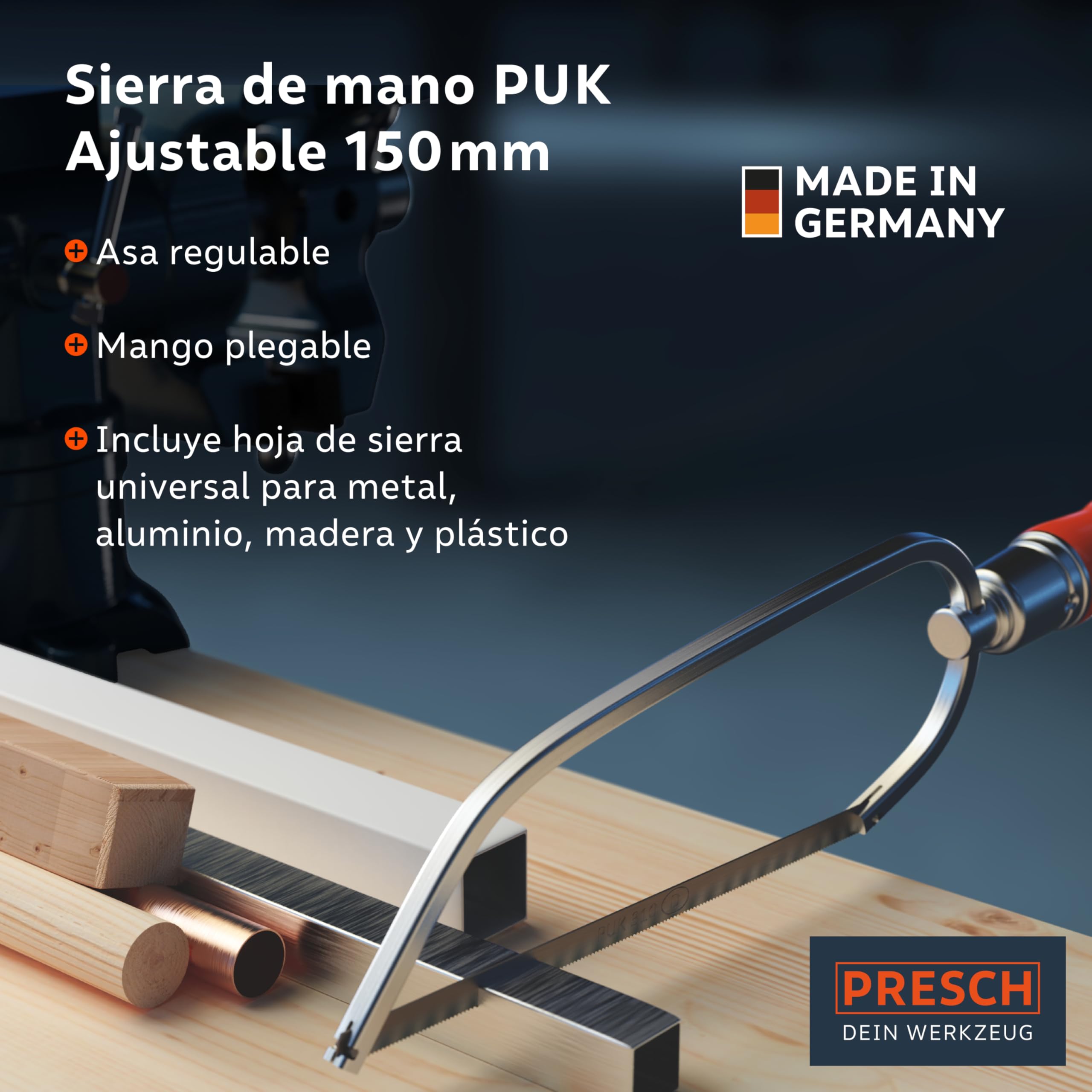 Presch Sierra de arco plegable PUK 150mm incl. hoja de sierra universal - Sierra plegable PUK con mango ajustable - Sierra pequeña para metal no ferroso, plástico, aluminio, todas las maderas