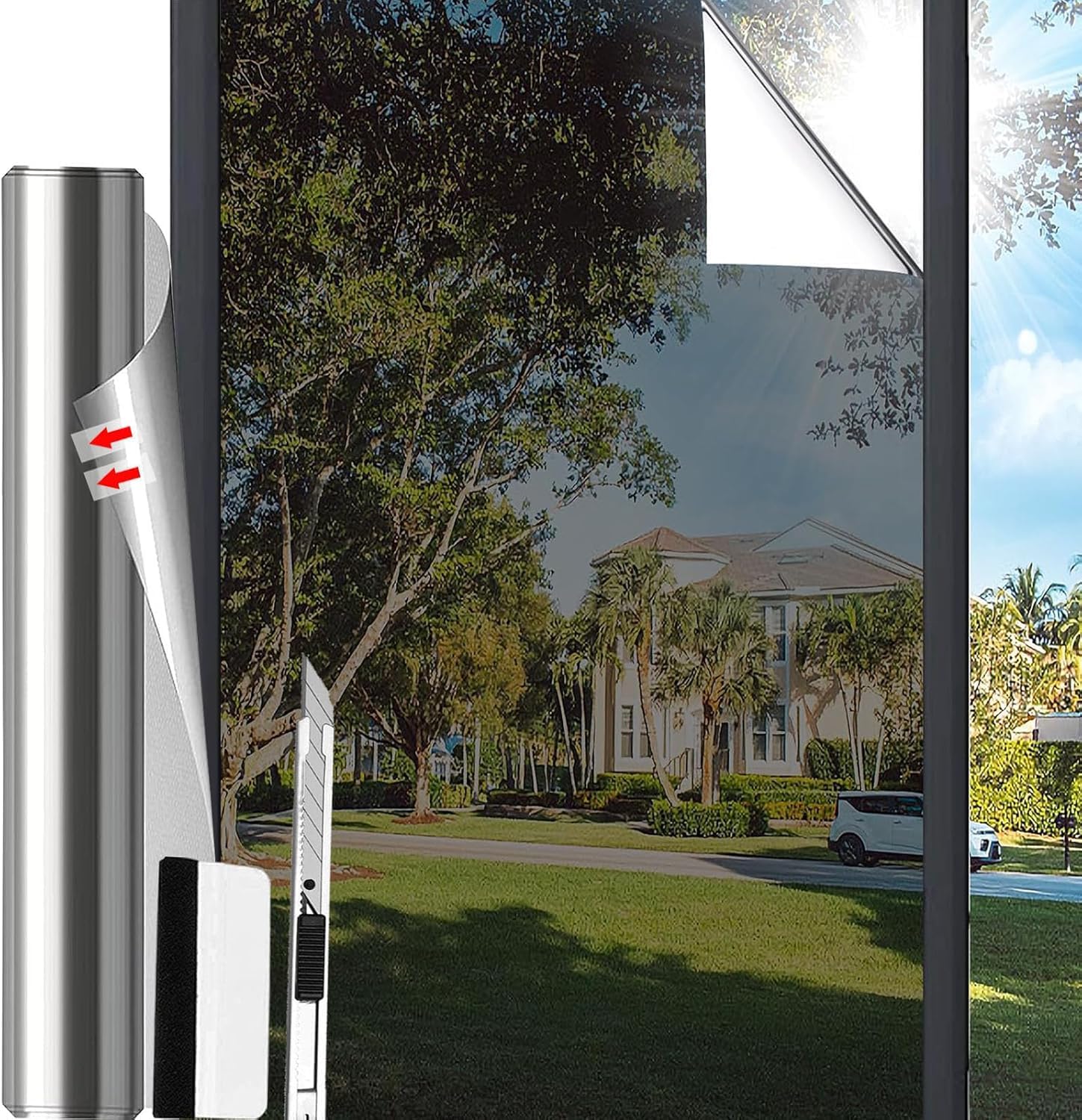 Antrect Mirror Film Window Privacy Screen 75 x 400 cm Sun Protection Window Interior UV Film Window Heat Protection Thermal Film Window Against Heat with Knife for Living Room Office Silver