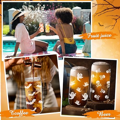 Miniatura 7 de Umigy Juego de 4 tazas de vidrio de Halloween con tapas, popotes, cepillos para decoraciones de Halloween, vasos para beber, divertida bruja