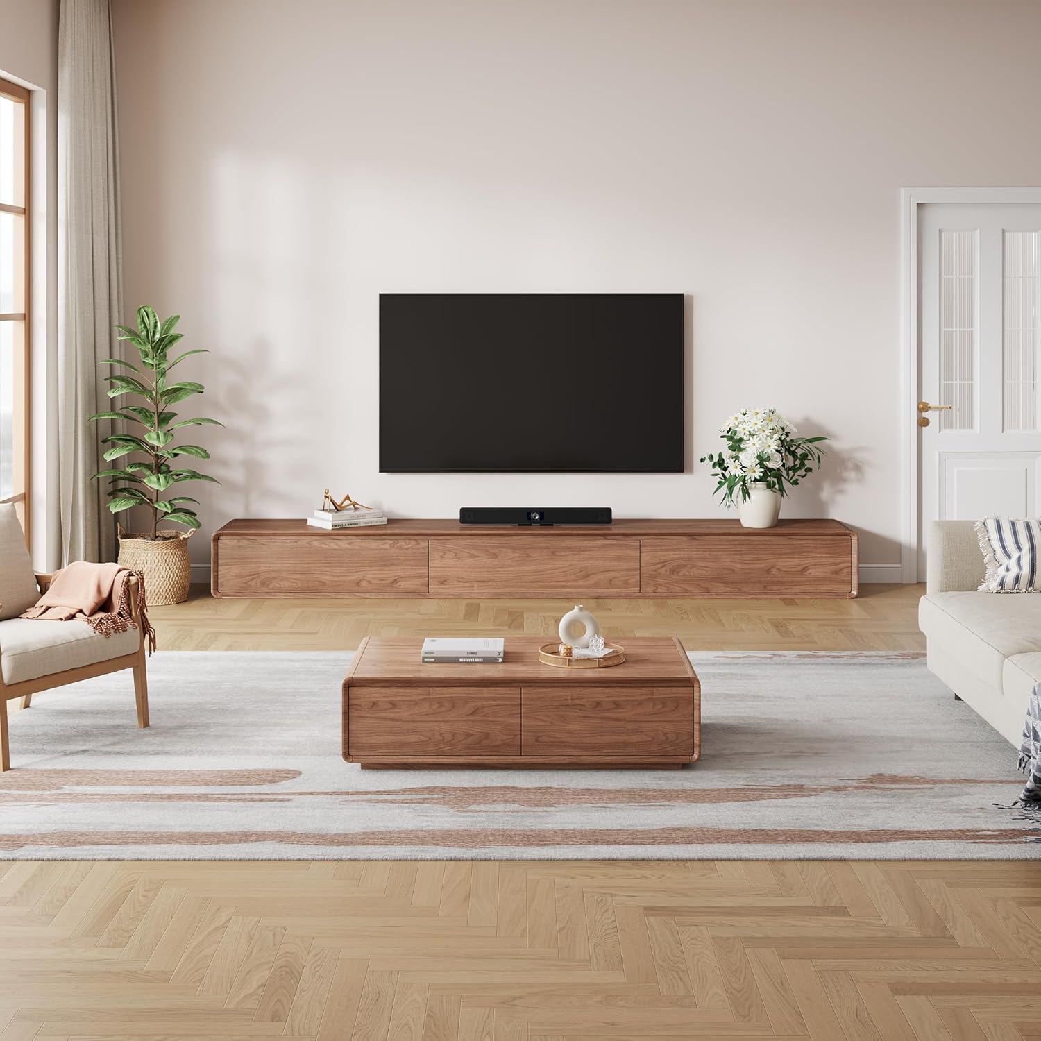 Floor Base TV Stand, Mid-Century Modern Media Console with 3 Storage Drawers, Fits 65–100 Inch TVs, Low Profile Entertainment Center(Walnut, 94.49", Floor Standing (Full Base))