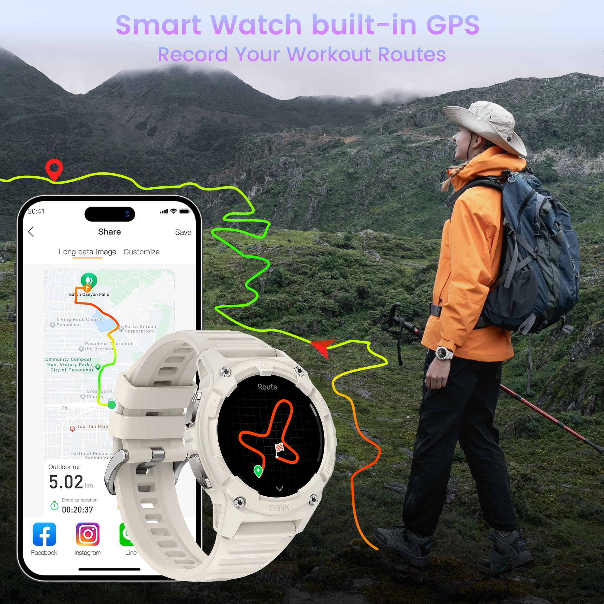 KOSPET TANK S2 Smartwatch Donna, GPS Integrato, Impermeabile 5ATM/IP69K, Chiamate Bluetooth, 176 Modalità Sportive, 24H Monitoraggio Sonno Bussola/Barometro/Altimetro(Bianco Crema)