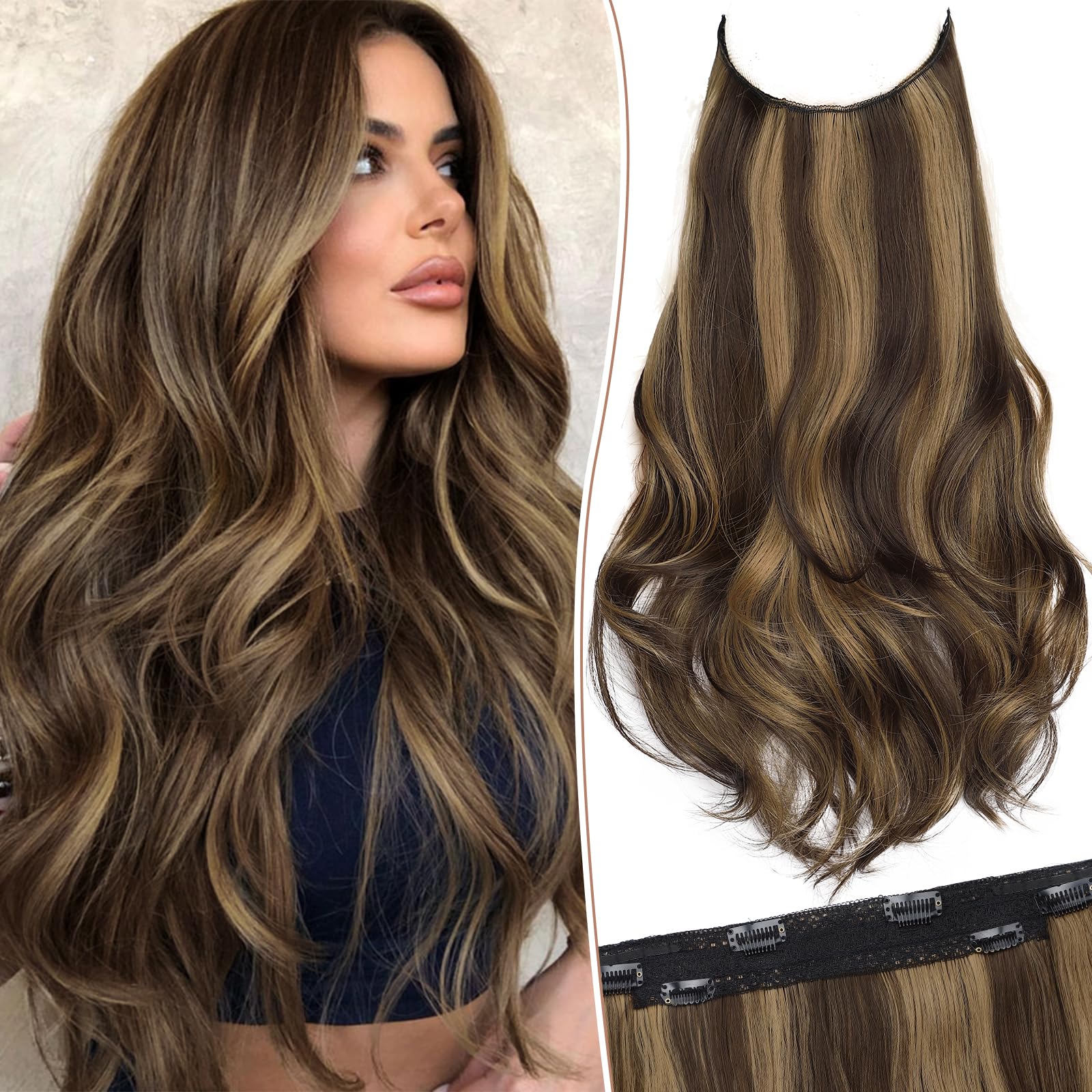 KooKaStyle Invisible Wire Hair Extensions Long Straight Layered Synthetic with Transparent Wire Adjustable Size 6 Secure Clips Hairpieces for Women 20 Inch (Balayage Chocolate Brown to Caramel Blonde)