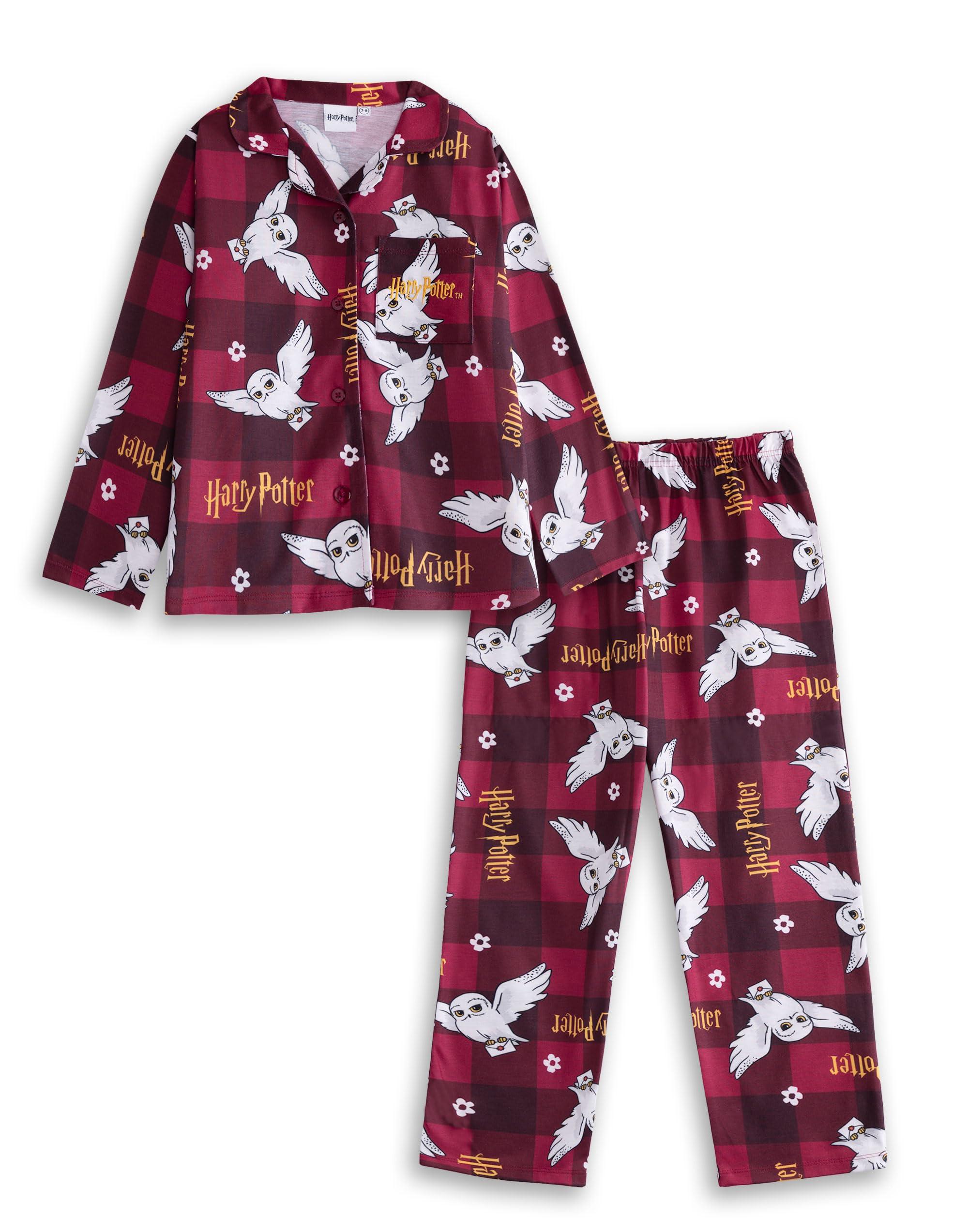 Harry Potter Hedwig Girls Red Long Sleeve Long Leg Pyjama Set | Checkered Sleepwear with Collared Neck & Button Closure | Movie Character Nightwear for Bedtime Merch - 9-10 Years