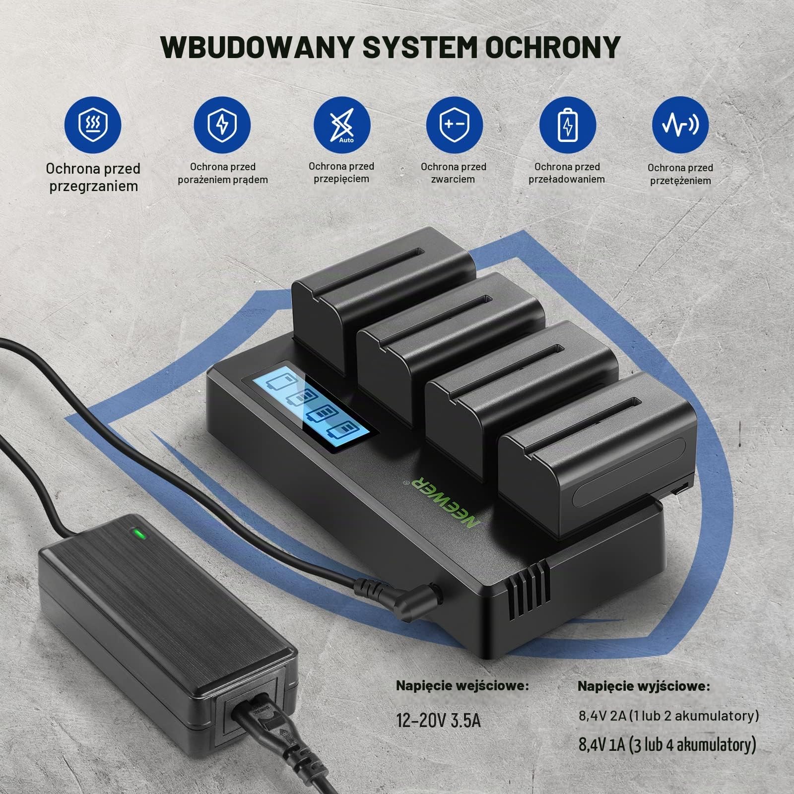 NEEWER 4 szt. NP-F750 7,4 V 5600mAh Wymienna bateria z 4-kanałową ładowarką i zasilaczem, kompatybilna z NP-F550/750/770/970 FM500H QM71D QM91D, monitory polowe, lampy wideo