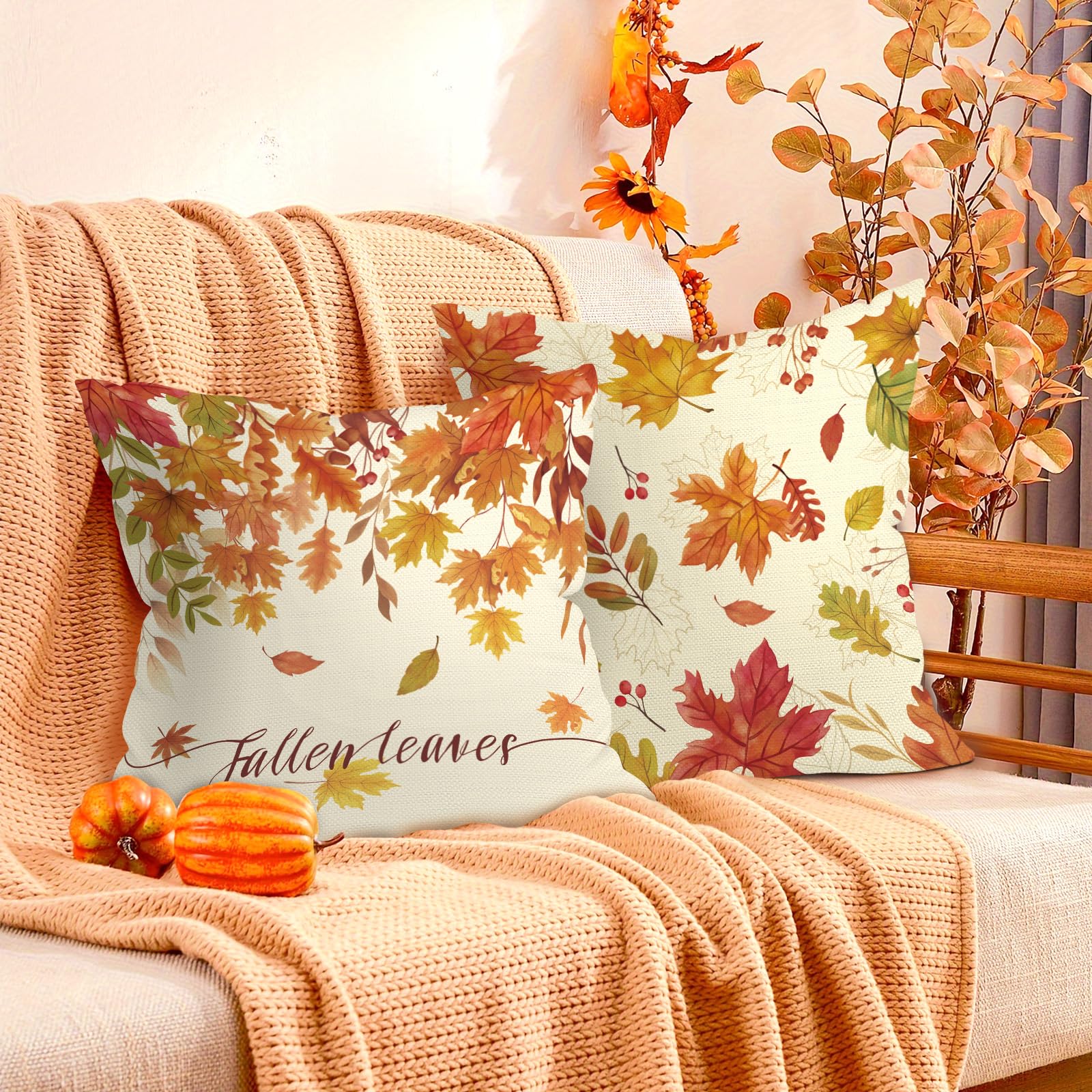 Housses De Coussin Velours Automne 45x45 Cm - Lot De 4 Motifs Feuilles Et Couronnes, Décoration Salon Chambre