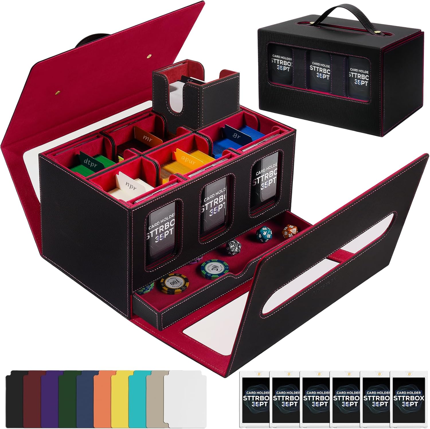 Commander Deck Box for MTG & TCG,Trading Card Storage Box with Handle,7 IN 1 Card Deck Case with display window,6 Magnetic Card Holders,1 sieve tray,6 Card Case,10 colored card.(Black & Red)