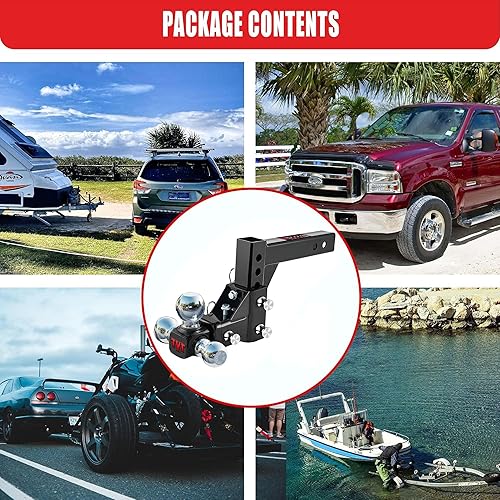Miniatura 6 de TYT Soporte de bola de enganche de remolque ajustable, Tri-Ball (1-78 x 2 x 2-516 pulgadas), se adapta a receptor de 2 pulgadas
