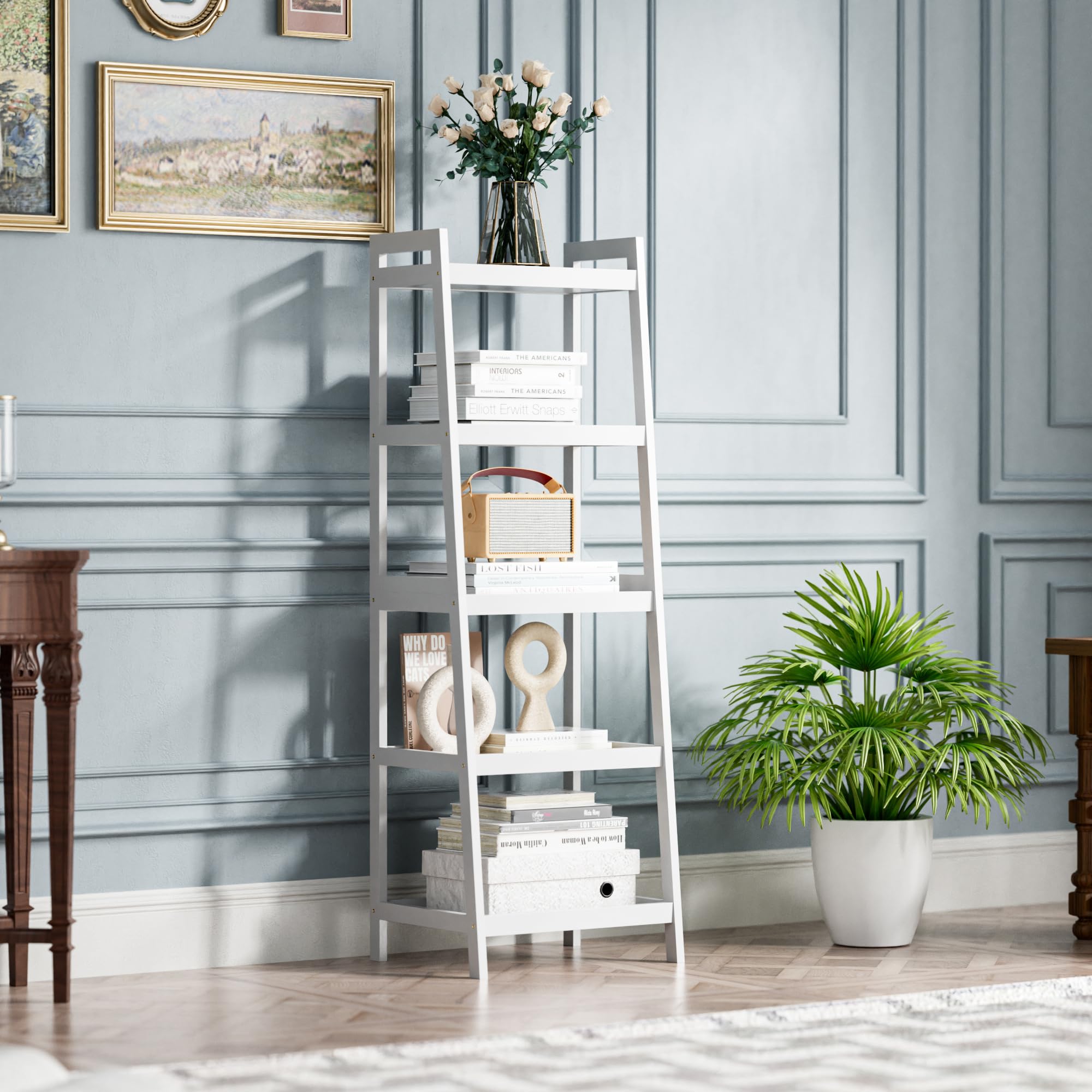 SMIBUY Estantería Escalera de Bambú,Organizador de estantes de baño, estantes Que ahorran Espacio para Dormitorio de 4 y 5 Capas (Blanco, 5 Niveles (127cm H))