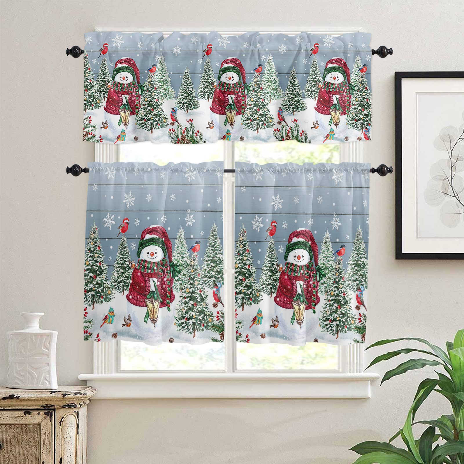 Tersuger Christmas Kitchen Tier Curtains and Valance Set, Snowman Xmas Tree Bird Snowflake Rustic Wood Grain Curtain Tiers Set for Living Room Cafe Rod Pocket Window 3 Piece, 54''x18''+27.5''x24''x2