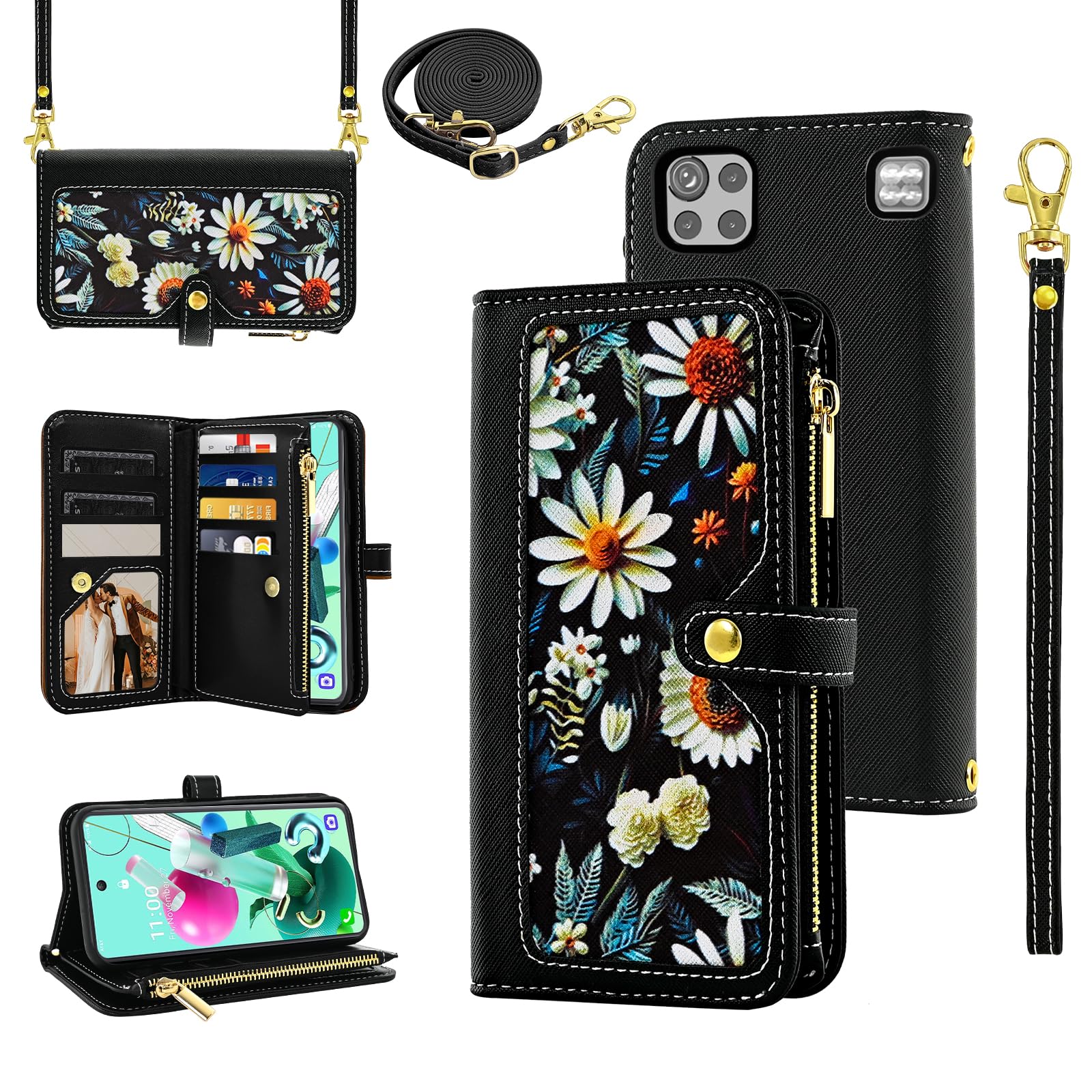 Furiet Floral Wallet Case for LG K92 5G with Wrist Strap Shoulder Strap Flip Zipper Purse, Luxury PU Leather Credit ID Card Holder Stand Phone Cover