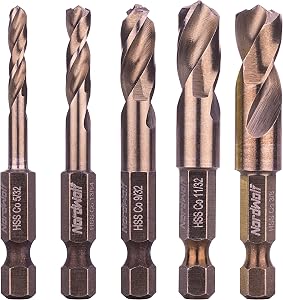 NordWolf 5-Piece M35 Cobalt Stubby Drill Bit Set for Stainless Steel & Hard Metals, with 1/4" Hex Shank for Quick Chucks & Impact Drivers, SAE Sizes 5/32"-13/64"-9/32"-11/32"-3/8" in Storage Box
