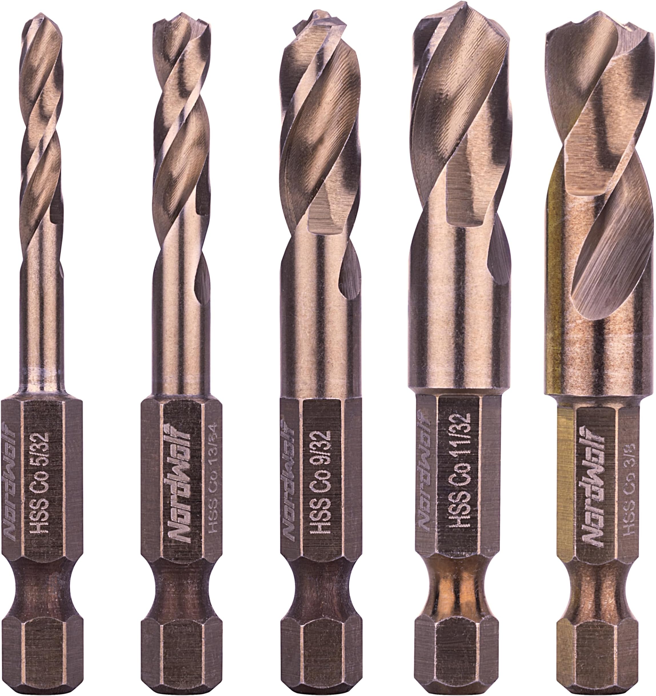 5-Piece M35 Cobalt Stubby Drill Bit Set for Stainless Steel & Hard Metals, with 1/4" Hex Shank for Quick Chucks & Impact Drivers, SAE Sizes 5/32"-13/64"-9/32"-11/32"-3/8" in Storage Case