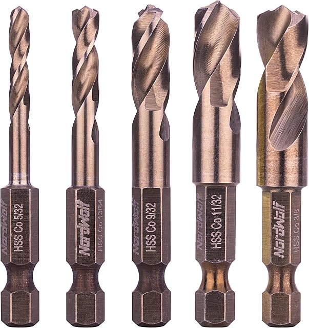 NordWolf 5-Piece M35 Cobalt Stubby Drill Bit Set for Stainless Steel & Hard Metals, with 1/4" Hex Shank for Quick Chucks & Impact Drivers, SAE Sizes 5/32"-13/64"-9/32"-11/32"-3/8" in Storage Box