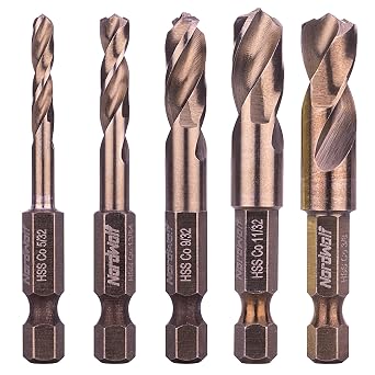 NordWolf 5-Piece M35 Cobalt Stubby Drill Bit Set for Stainless Steel & Hard Metals, with 1/4" Hex Shank for Quick Chucks & Impact Drivers, SAE Sizes 5/32"-13/64"-9/32"-11/32"-3/8" in Storage Box
