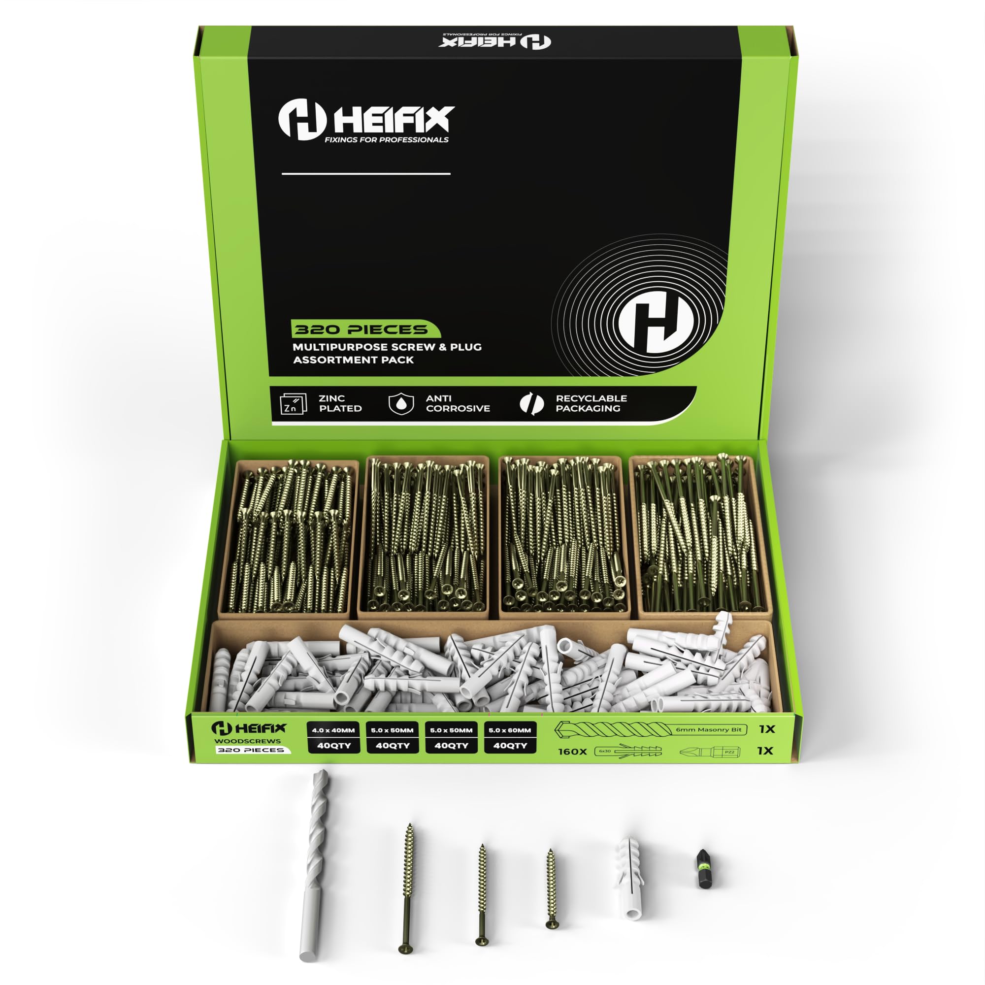 Heifix 320-Piece Wall Plug and Screw Set In Eco Storage Box, FREE 6mm Masonry Drill Bit and PZ2 Bit - Image 4