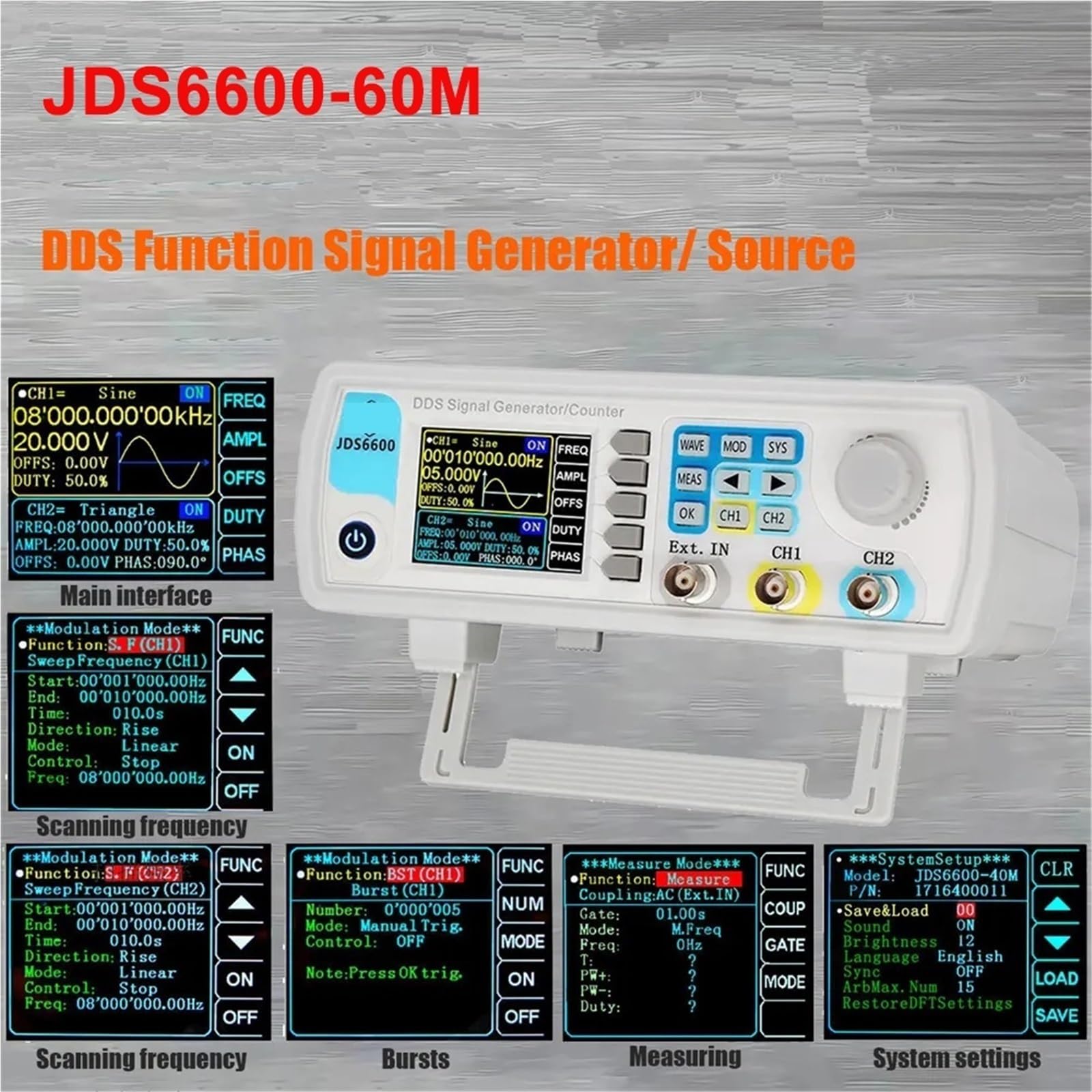 JDS6600 60MHz Dual Channel DDS Función Generador de Señal Digital 2-CH Medidor de Frecuencia Arbitraria Forma de onda Generador de impulsos (UK)