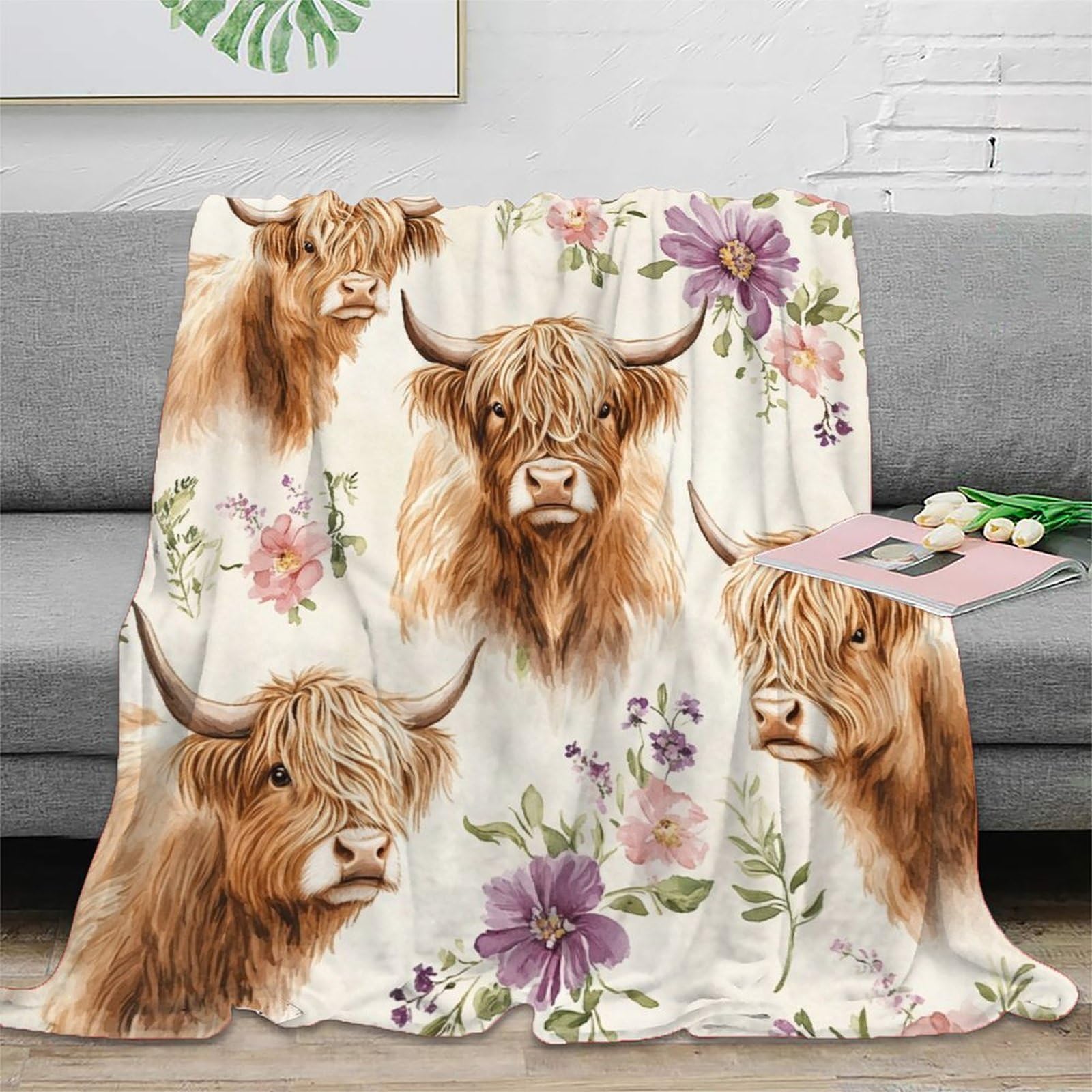 Couverture Highland Cattle en microfibre 150x200cm pour lit et canapé