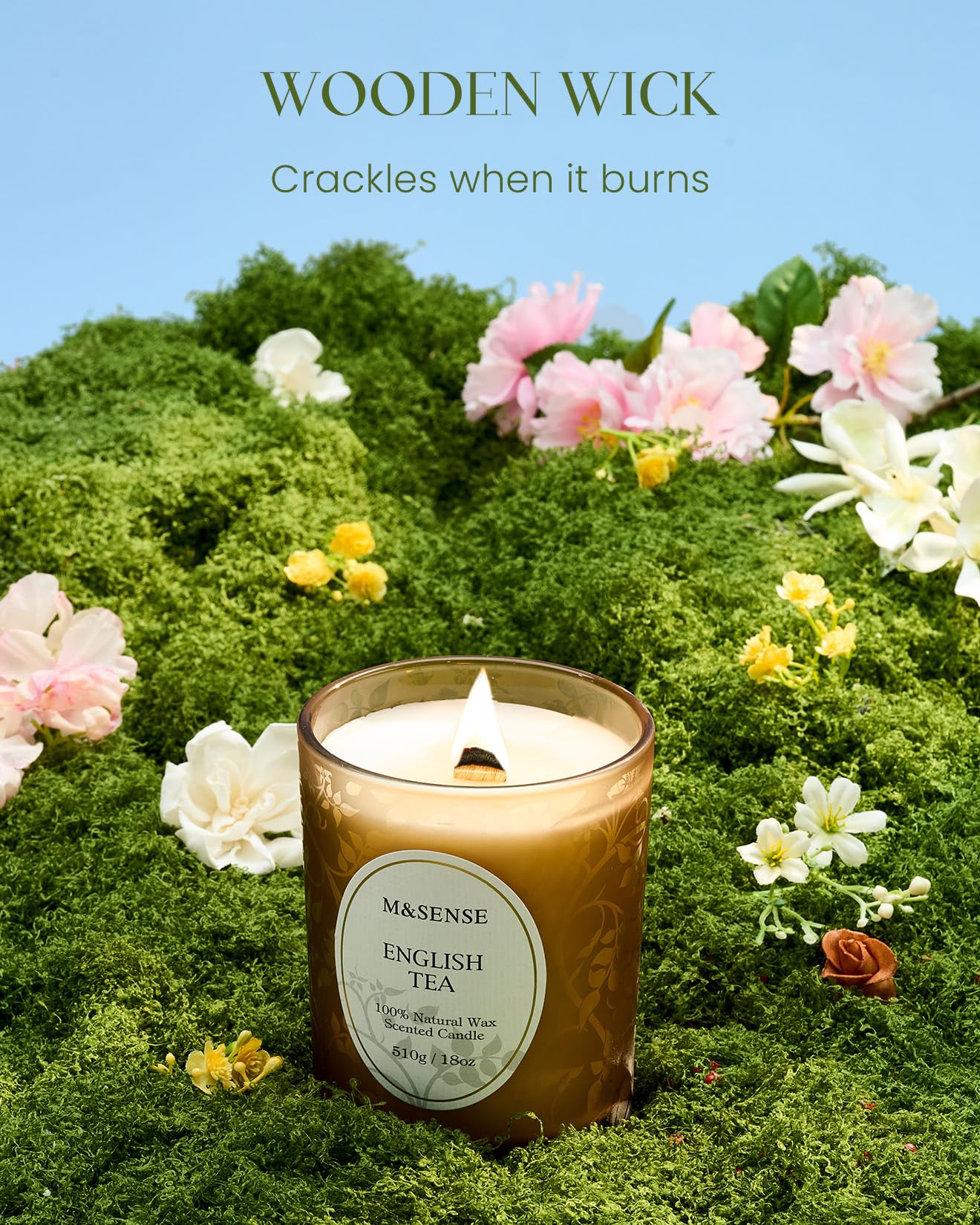 M&SENSE 510g Scented Candle, Lemon English Tea Scent, Wooden Wick Candle, Crackling Candles, 100h Long Burning Large Candles - Image 2